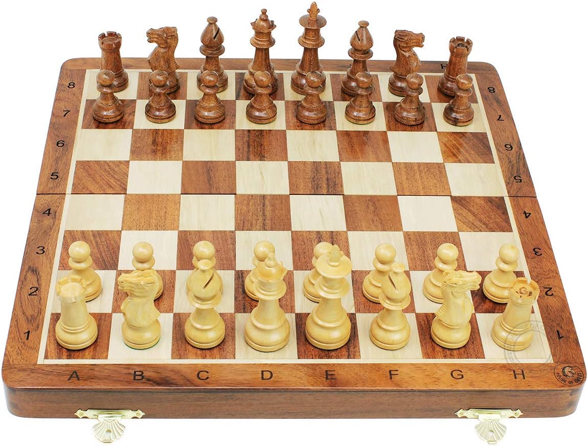 House of Chess - Victorian Staunton Golden Acacia Wood Chess Set - 14 x 14 Inches Wooden Folding Chess Board with Algebraic Notation - Wooden Chess Pieces with King Height 3 Inches + 2 Extra Queens