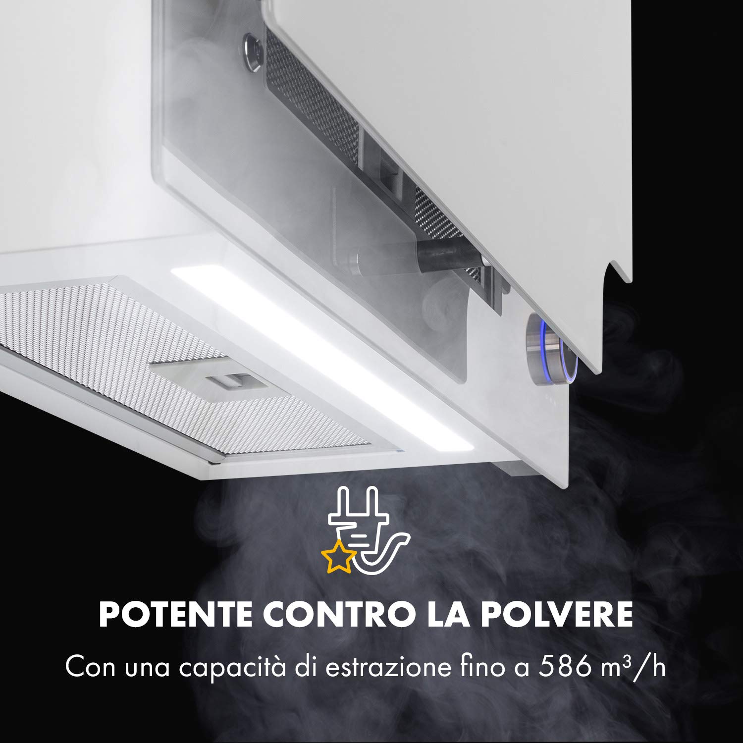Klarstein Amelia - Cappa aspirante, Cappa a testa libera, Design piatto, 123 W, 586 m³/h, Illuminazione LED: 3 W, 3 livelli di potenza, Manopola touch illuminata, 60 x 47 x 23,5 cm, bianco