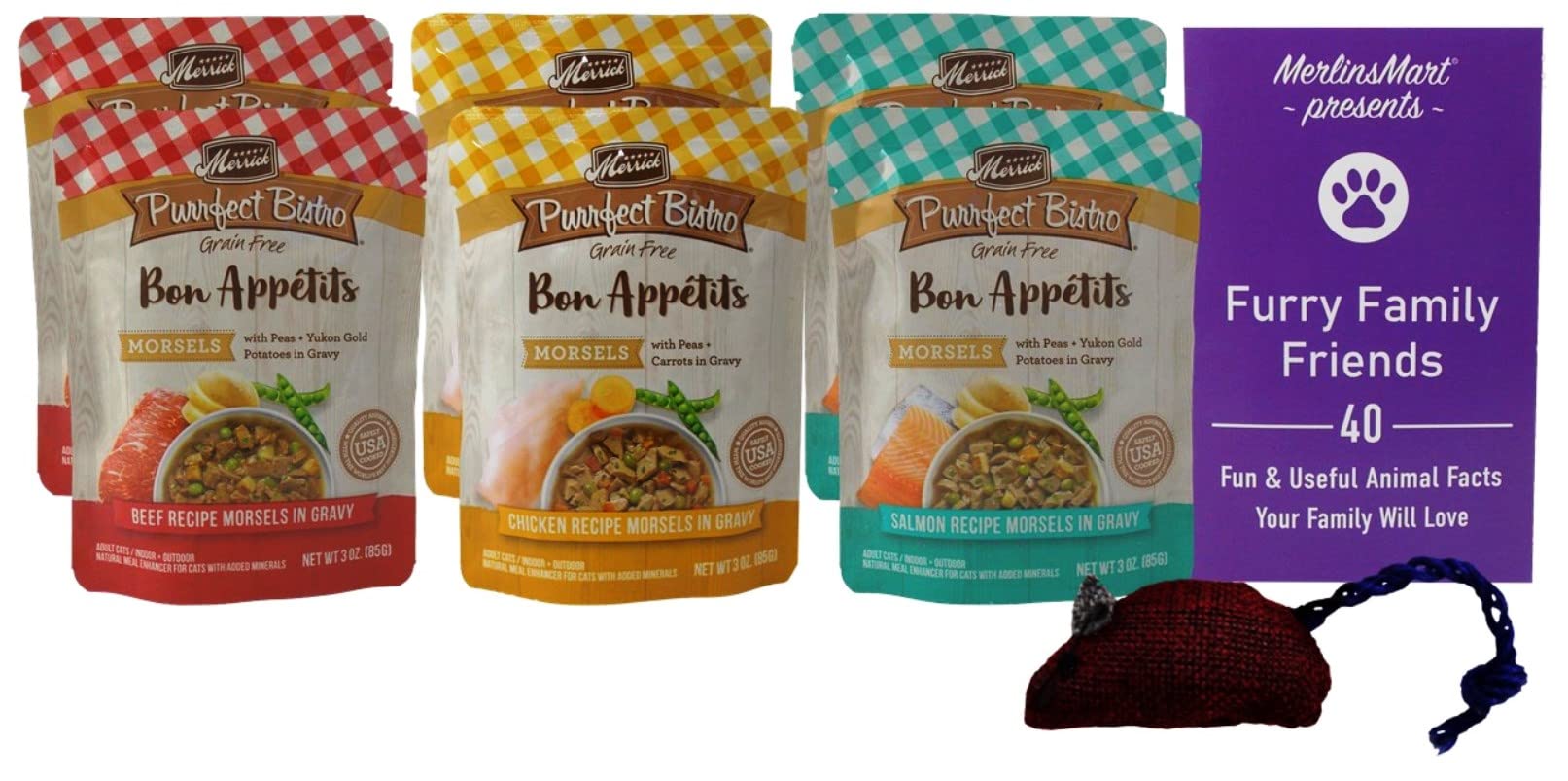 Merrick Purrfect Bistro Bon Appetits Morsels Cat Food Topper - 3 Flavor 6 Pouch Sampler - (2) Each: Beef, Chicken, Salmon (3 Ounces) - Plus Catnip Toy and Fun Facts Booklet Bundle