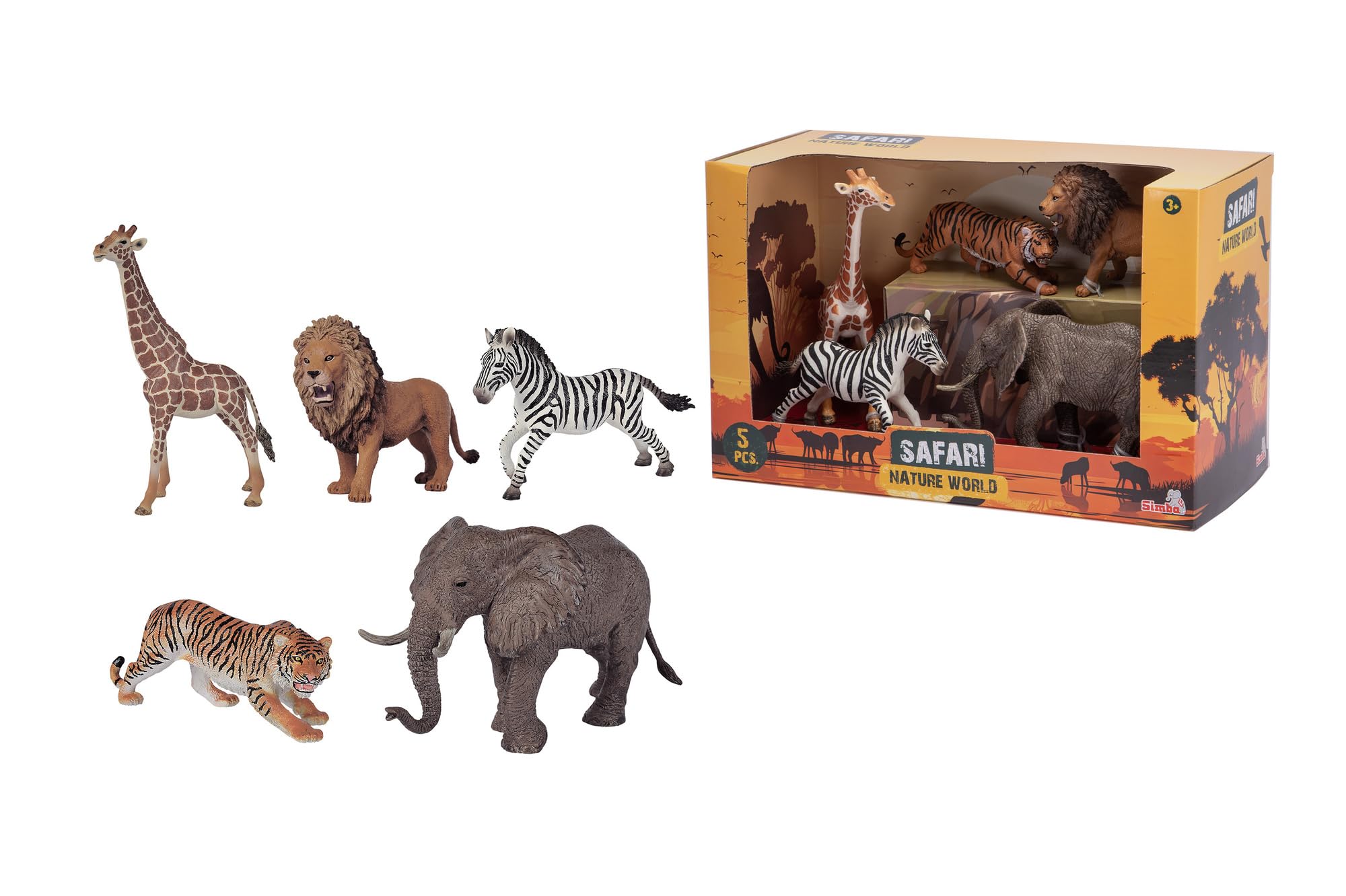 Simba 104343103 Safari figurki zwierząt szafirowe zestaw zabawek, lew, tygrys, słoń, żyrafa i zebra, 13-17 cm, od 3 lat