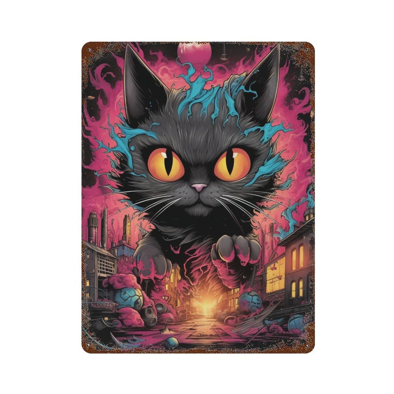 Black Cat Chaos Urban Fantasy Artwork 15.7"x11.8" Retro Metal Sign, Old School Wall Decor for Office, Studio And Wall Decor