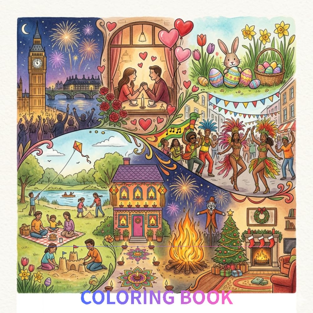 Beautifully hand-drawn coloring book that celebrates the rich and diverse festivals of the United Kingdom: UK Festivals Coloring Book for Kids & ... Cultural Traditions, Travel Line Art