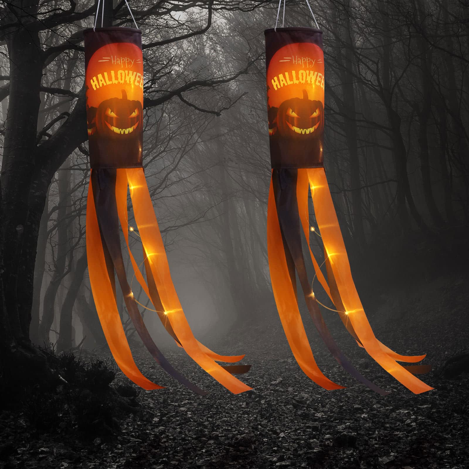Photo 1 of 2 QTY Frienda 2 Pack Halloween Pumpkin Windsock Flag with Warm Yellow LED Lights Outdoor Happy Halloween Hanging Decor for Yard Patio Garden Pathway Party Decoration