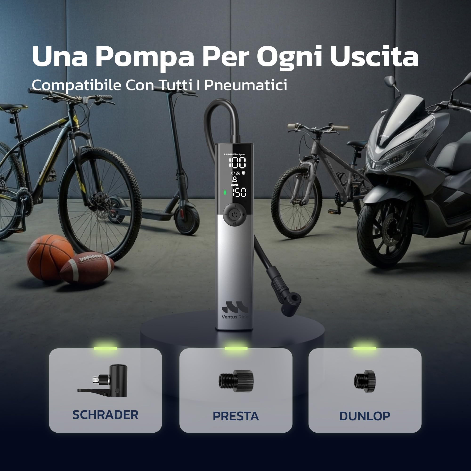 Woowind Ventus Ride Pompa Elettrica per Bicicletta, 150 PSI, 10,3 Bar, Portatile, Compressore Aria, Presta, Schrader, MTB, e-bike