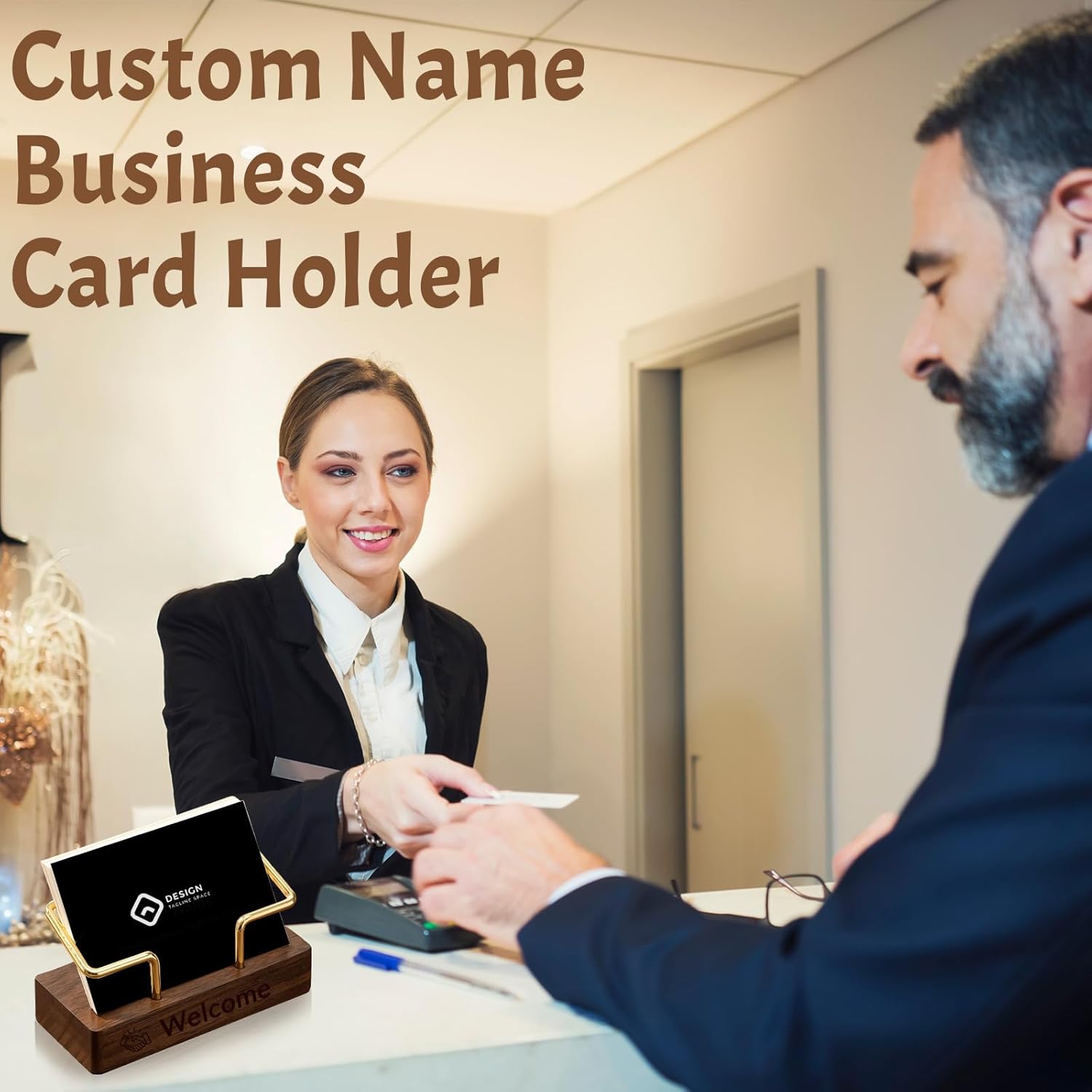 HJX Custom Business Card Holder for Desk - Personalized Engraved Name Logo Wooden Business Card Organizer, Customized Business Card Desktop Display Gifts for Men Women (Bulk)