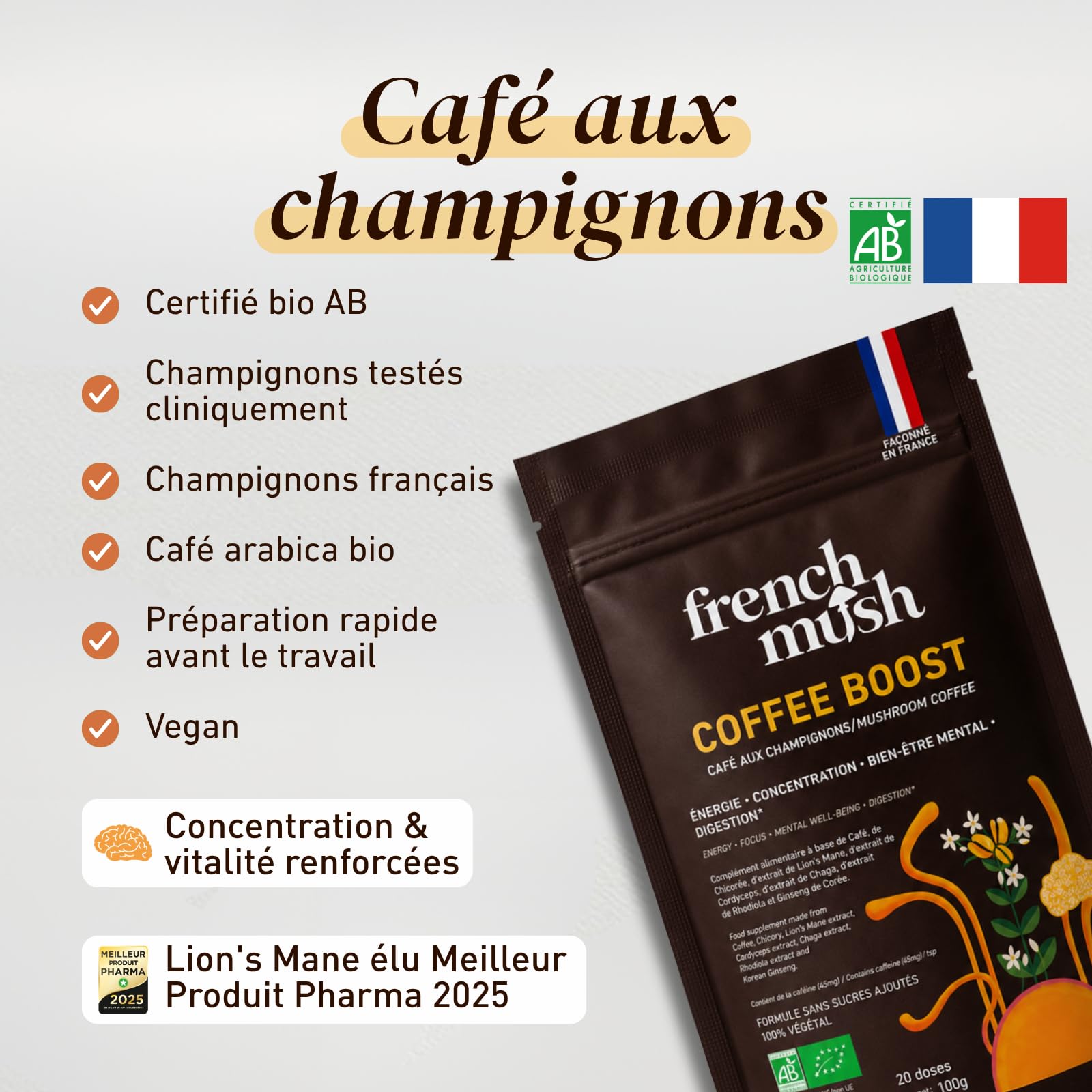 French Mush BOOST Café Arabica Bio 5 Champignons - 20 doses | Énergie & Concentration, Lion's Mane, Cordyceps, Chaga, Maïtaké, Pleurote, Sans Sucres Ajoutés, Vegan, Fabriqué en France