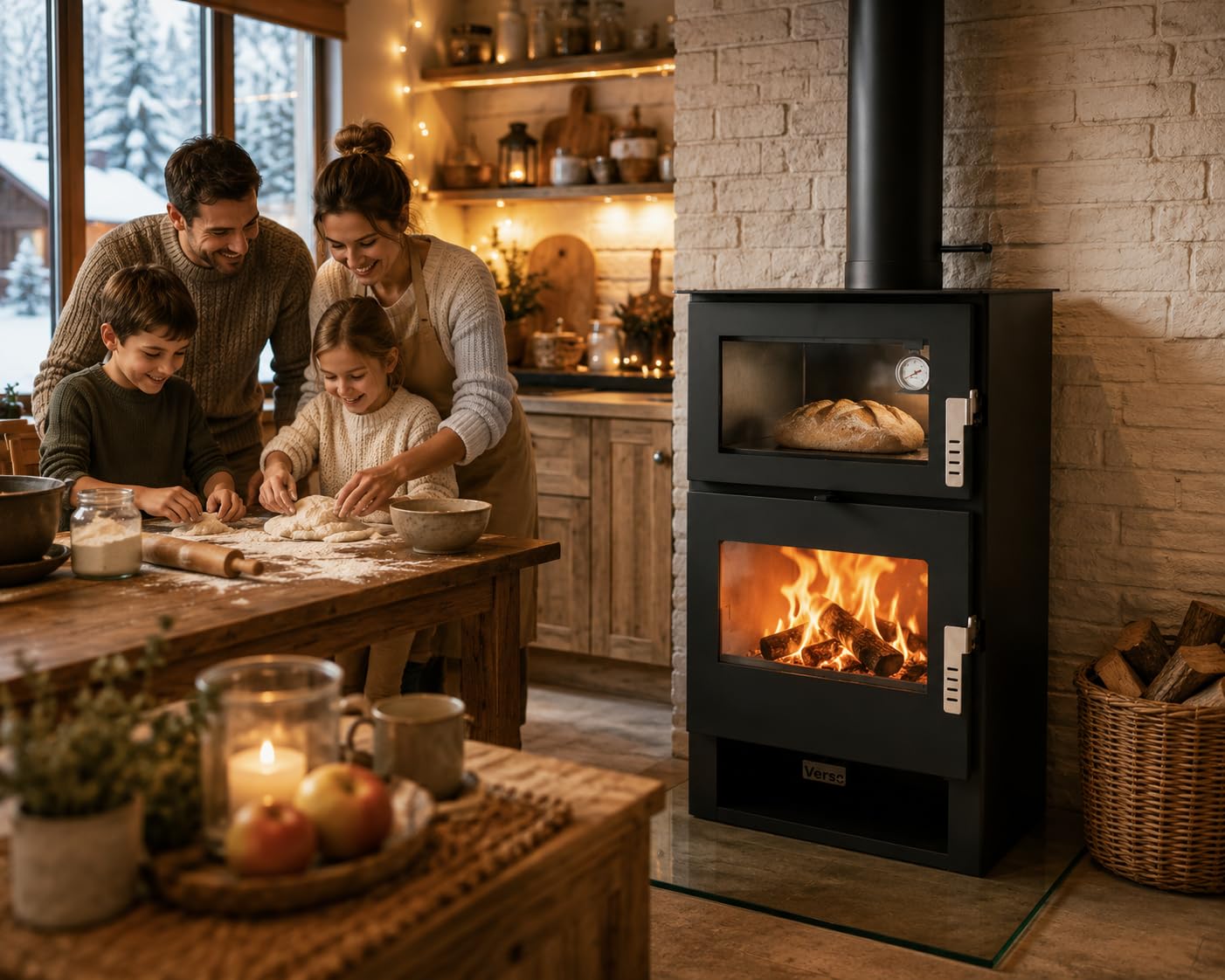 Verso F - Estufa de leña con estufa de acero inoxidable de 9 kW, 81,2% de alta eficiencia, chimenea de cocina y calefacción, horno de acero inoxidable con termómetro, placa superior de acero (sin