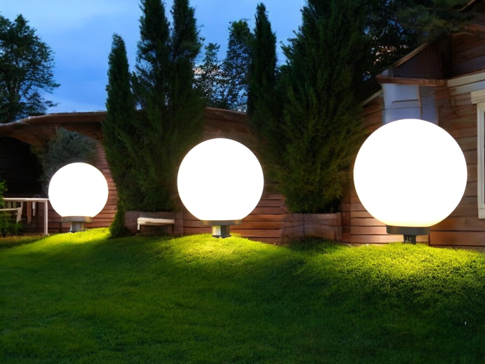 Dapo 3X Außen-Garten-Kugel-Leuchte MARLON D:20+30+40cm Kunststoff-Kugel weiß mit Erdspieß, strombetrieben E27x1, IP44 Dekorations-Wege-Lampe