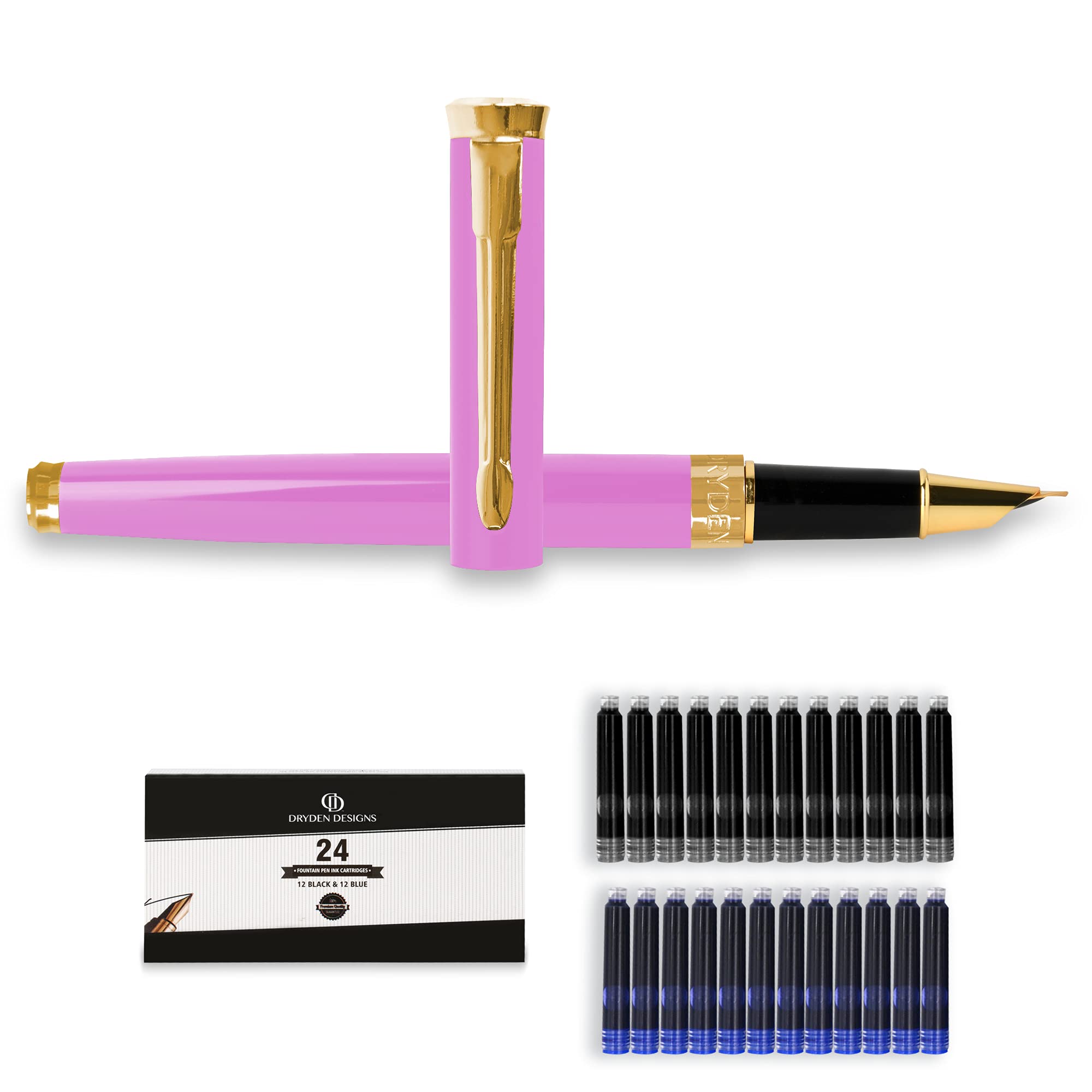 Sponsored Ad - Fine Nib Fountain Pen - Includes 24 Ink Cartridges - 12 Black and 12 Blue - Pink - Smooth Elegant Writing with Fine Nib and Ink Converters