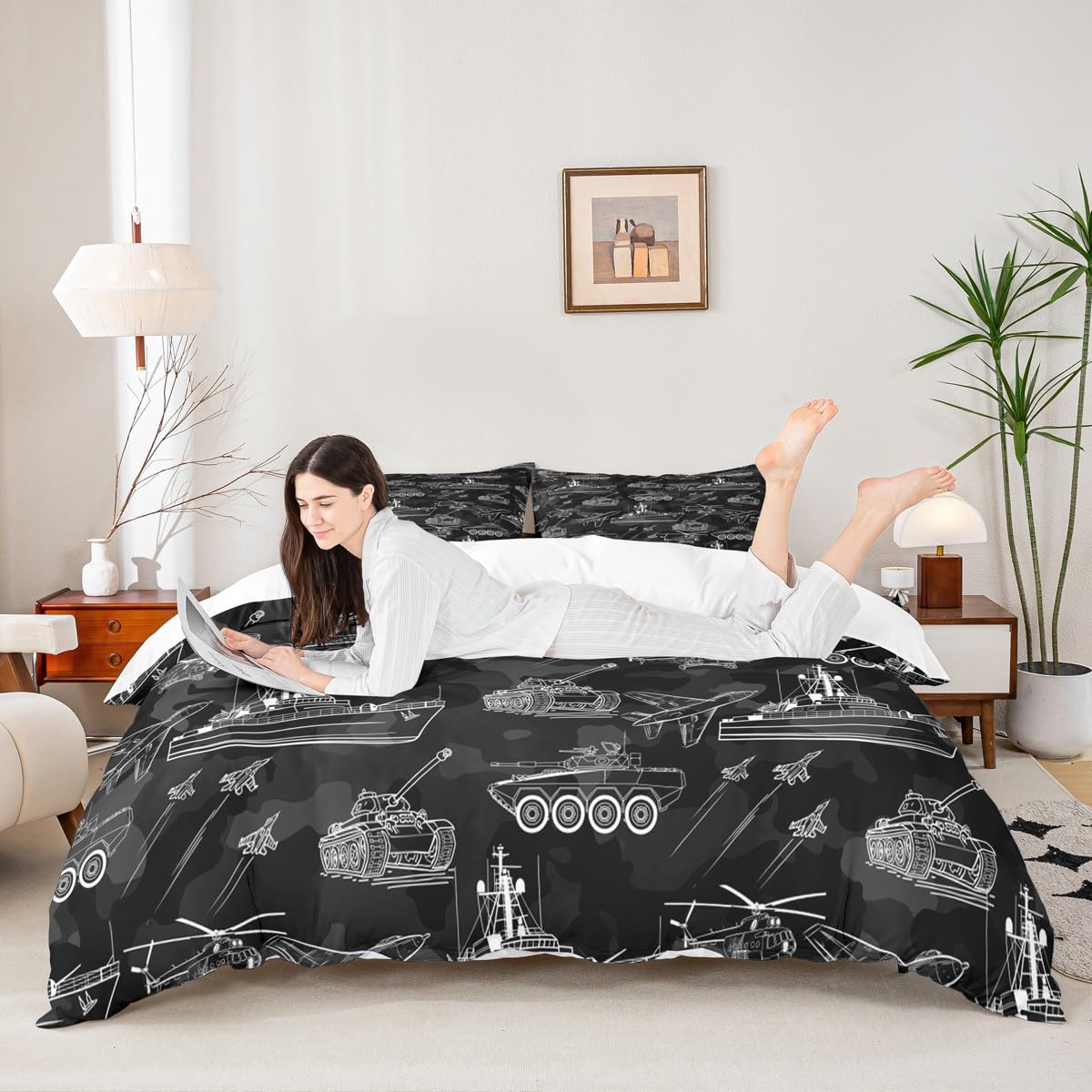 Parure de lit thème guerre 2 personnes housse de couette camouflage noir avec 2 taies d'oreiller