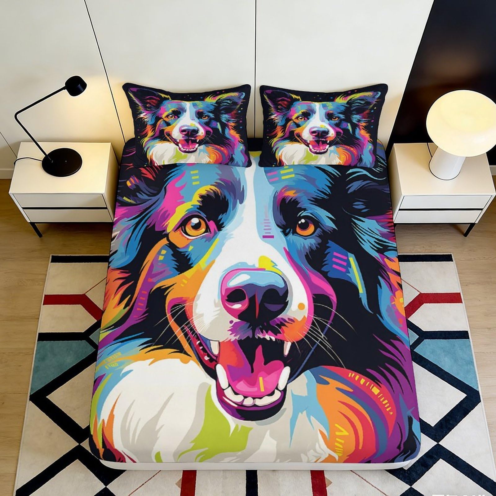 3D Printed Colorful Dog Face Fitted Sheet Microfiber Soft Breathable Vibrant Pet Portrait Bed Cover for Bedroom Dormitory Guest Room Mattress Protection 200x200x25cm