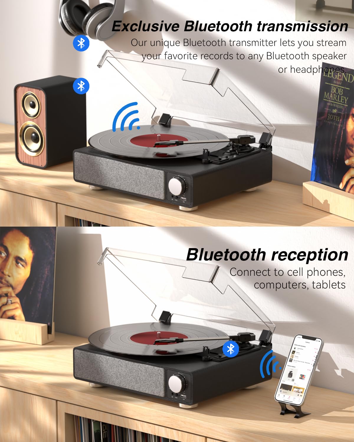 Giradischi in vinile con altoparlanti, giradischi MONODEAL a 3 velocità per dischi in vinile con trasmettitore Bluetooth, arresto automatico, uscita RCA, USB/jack per cuffie, design vintage in legno