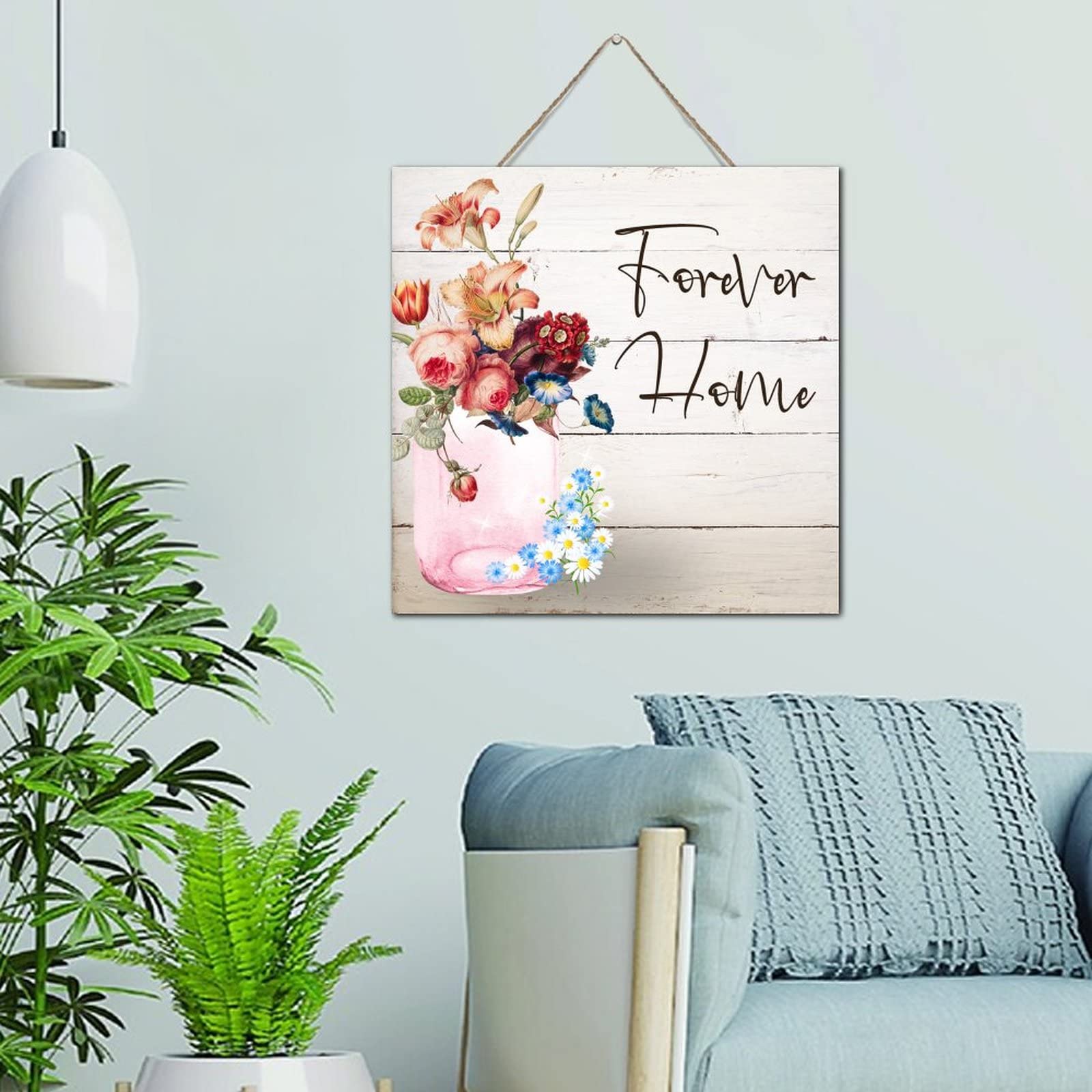 Plaque en bois cadeau pendaison de crémaillère Forever Home fleurs