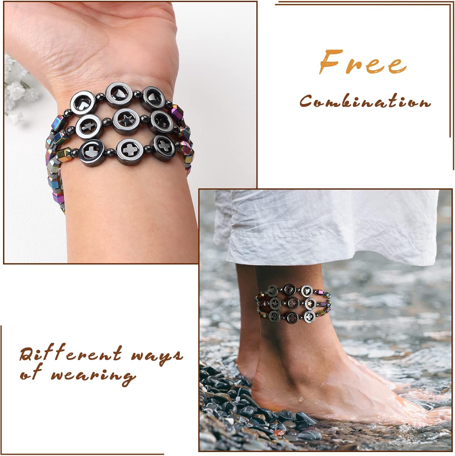 Miniatura 6 de Vinswet Magnetic Hematite Anklet,Anti Swelling Black Obsidian Anklet,Lymphatic Drainage Magnetic Therapy Ankle Bracelet,Relief Pain Anxiety Hematite