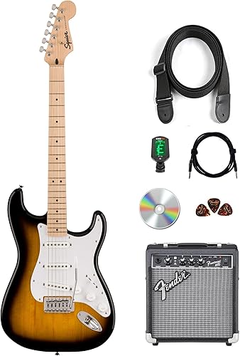 Fender Squier Sonic Stratocaster - Paquete de guitarra eléctrica con ráfaga de 2 colores que incluye amplificador, cable, afinador, correa, púas