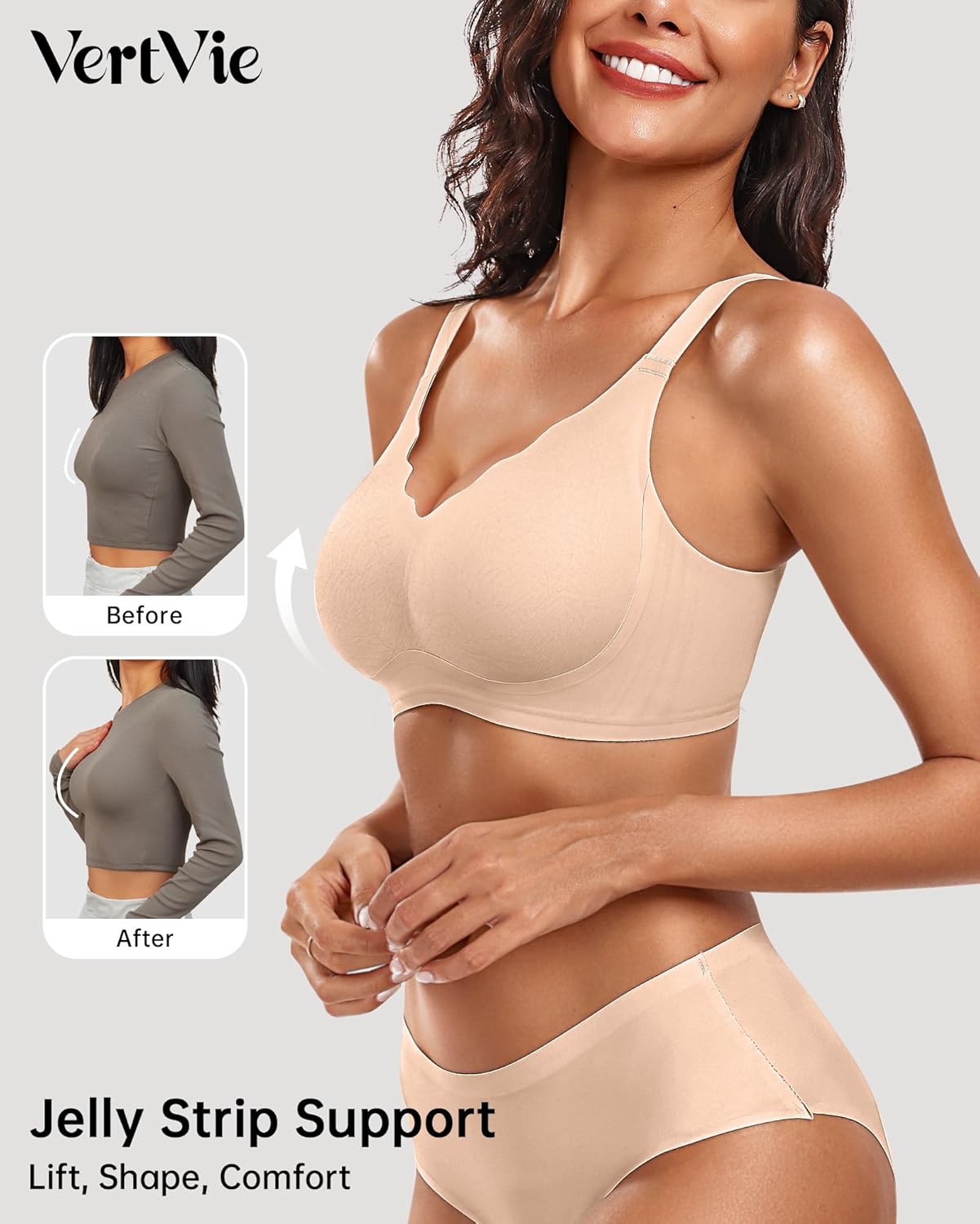 Vertvie Womens Seamless Supportive Wireless Bras No Underwire Push Up Full Coverage Bralette T-Shirt Bra (Nude Jacquard,XX-Large) - Image 2