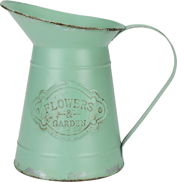 Belle Vous Olive Green Metal Flower Pitcher Vase - D11.8 x H17.5 / 4.65 x 6.89 Inches - Galvanized Vintage Shabby Chic Farmhouse Milk Jugs - Decorative Jug for Home/Wedding Decor & Garden Flowers
