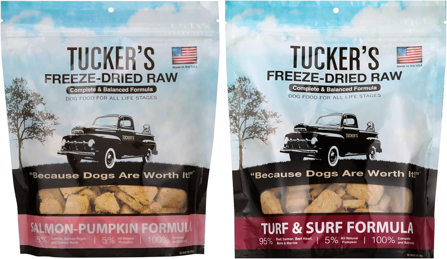 Tucker's Raw Frozen Freeze Dried Raw Dog Food, Salmon & Pumpkin Formula and Turf & Surf Formula, Fish Variety Pack of 2