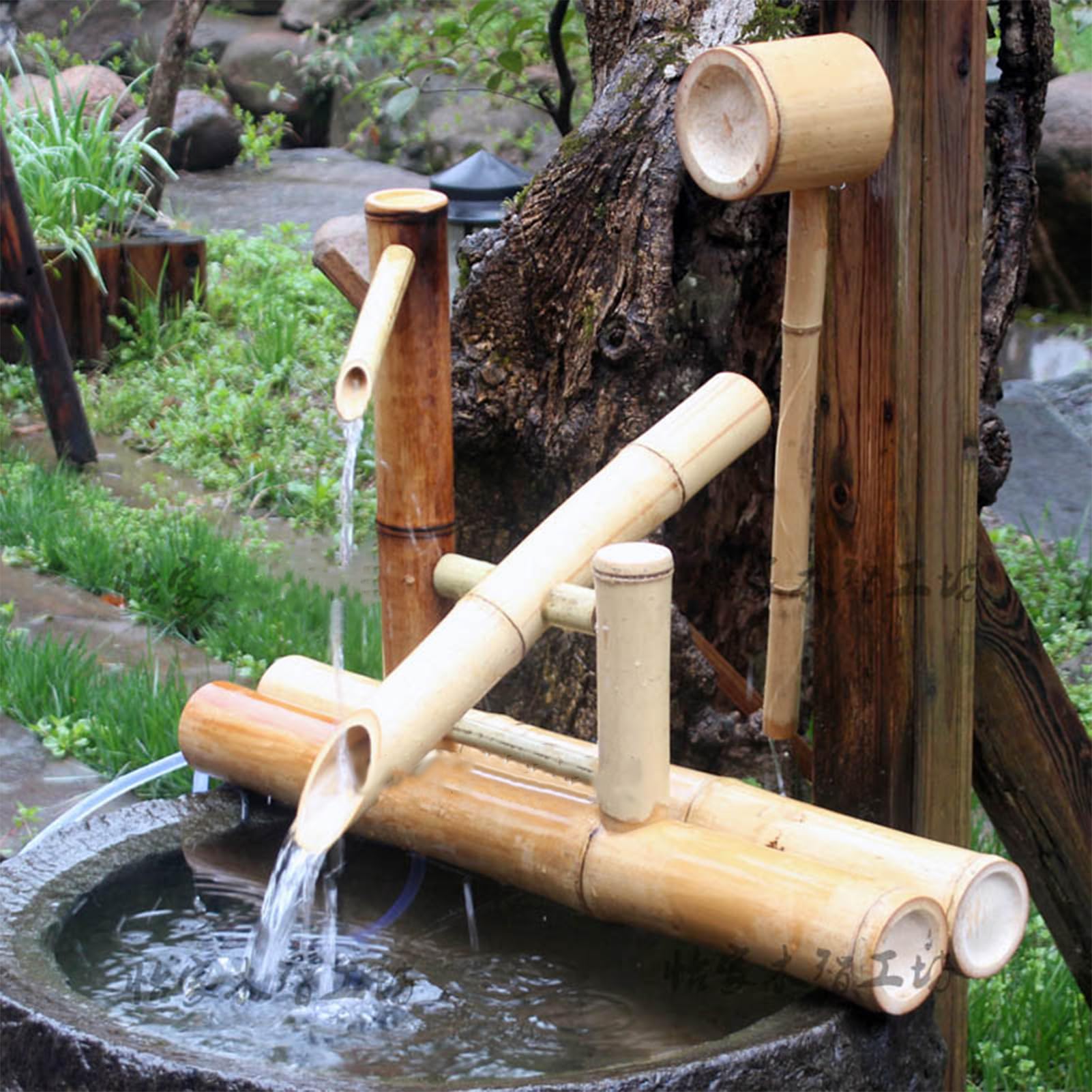 Kit Fuente Bambú, Fuente Agua Madera con Bomba Mecedora para Paisajes, Fuente Agua para Paisajismo Zen Adecuada para Terrazas Y Patios Oficinas
