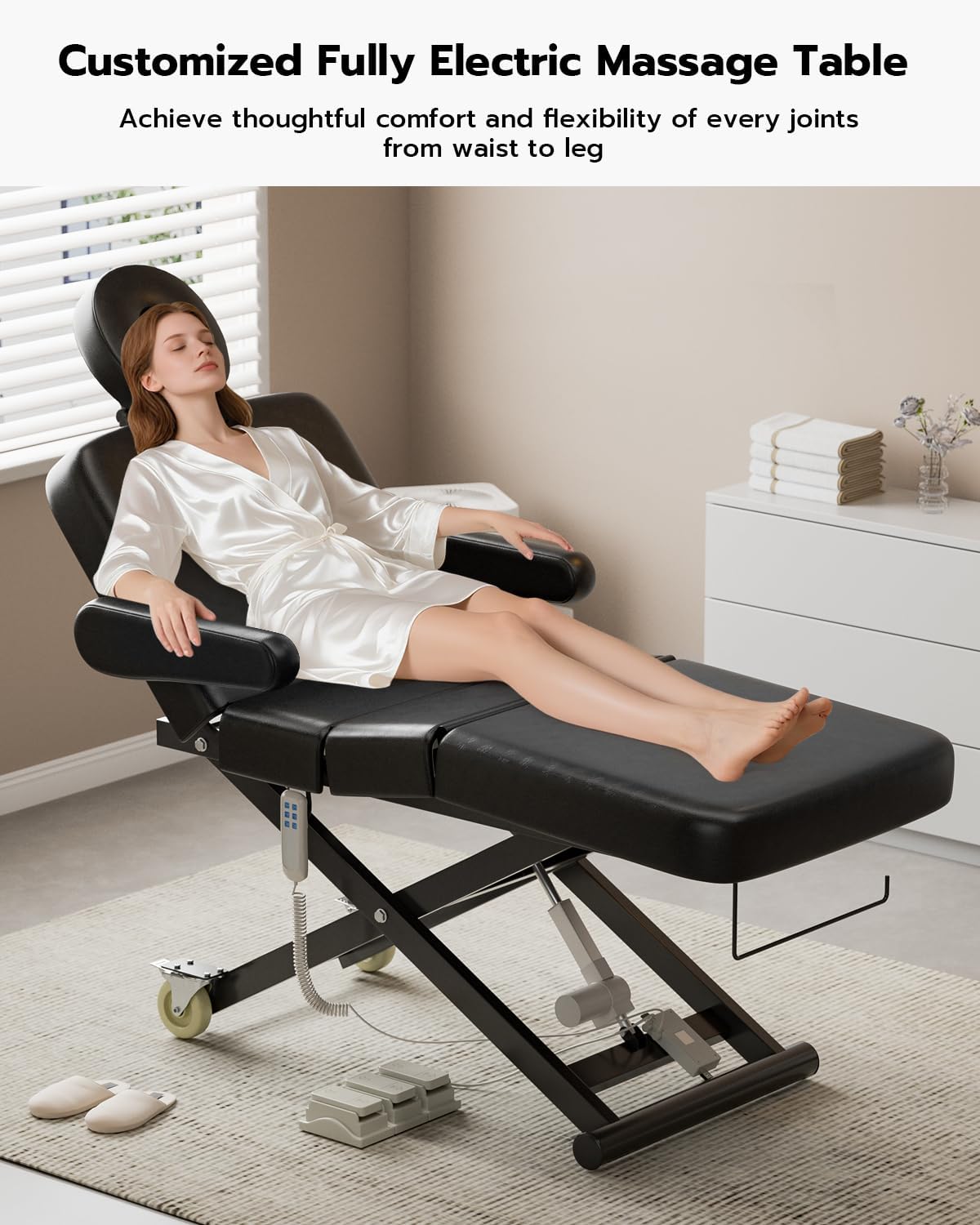 SyyBhb Fully Electric Massage Table Professional with Foot Pedal for Clients, Customized Angle Adjustable and Electric Lift 3 Motor, Heavy Duty Frame, Exam/Treatment/Spa/Tattoo/Facial, Black