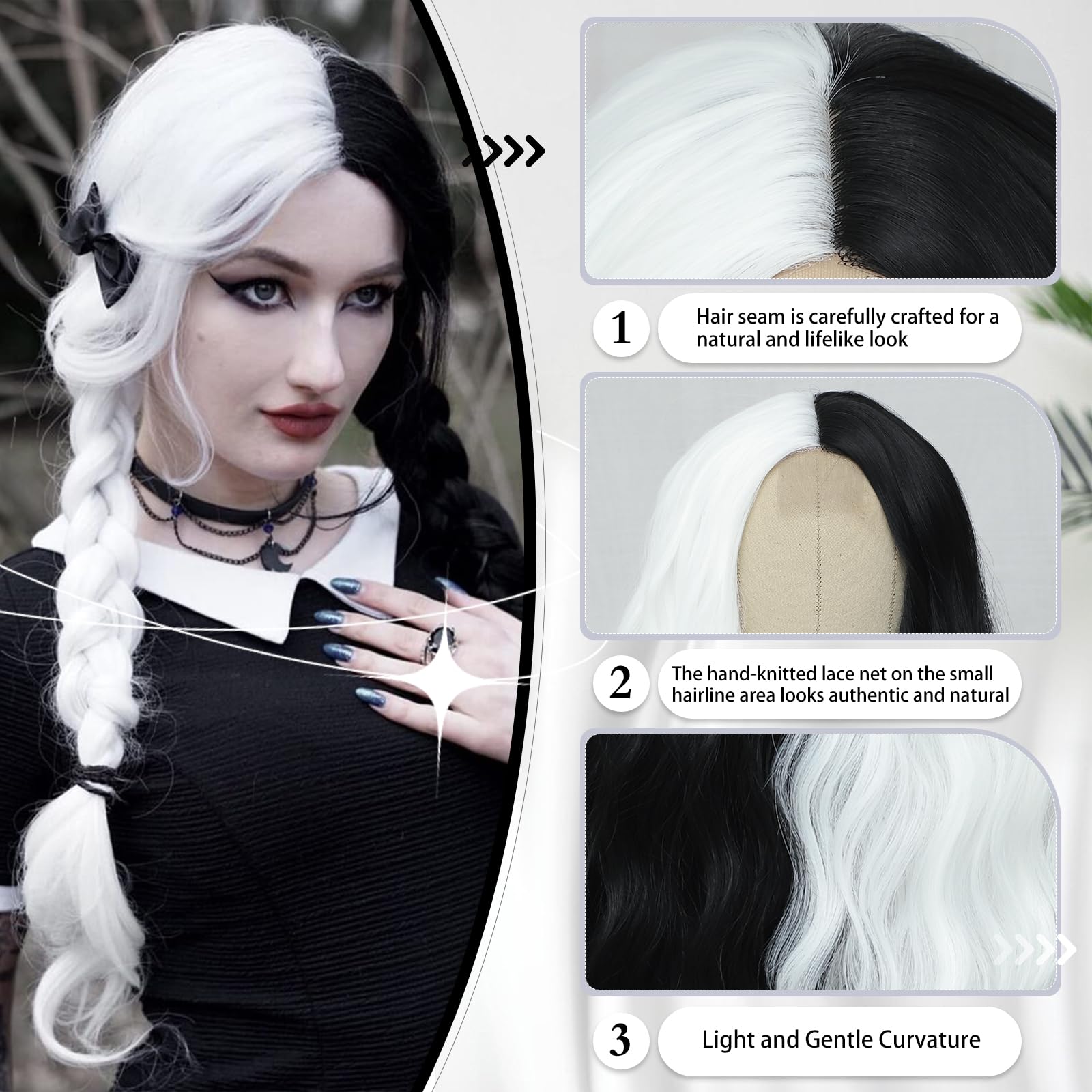 BUPPLER Cosplay Long BlackWhite Wig 28 Inch Middle Part Synthetic Wig Realistic Gifts Party Wigs for Women Daily Use Colorful Wigs (BlackWhite) - Image 4