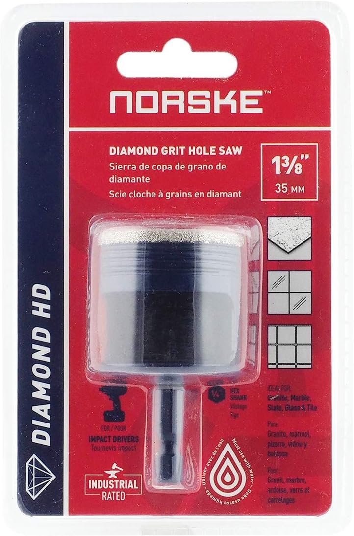 Norske Tools NDHSI133 1-3/8 inch (35mm) Industrial Quality Vacuum Brazed Diamond Drill Bit Hole Saw for Tile, Stone, Glass, Brick, Block and Cement Backer Board