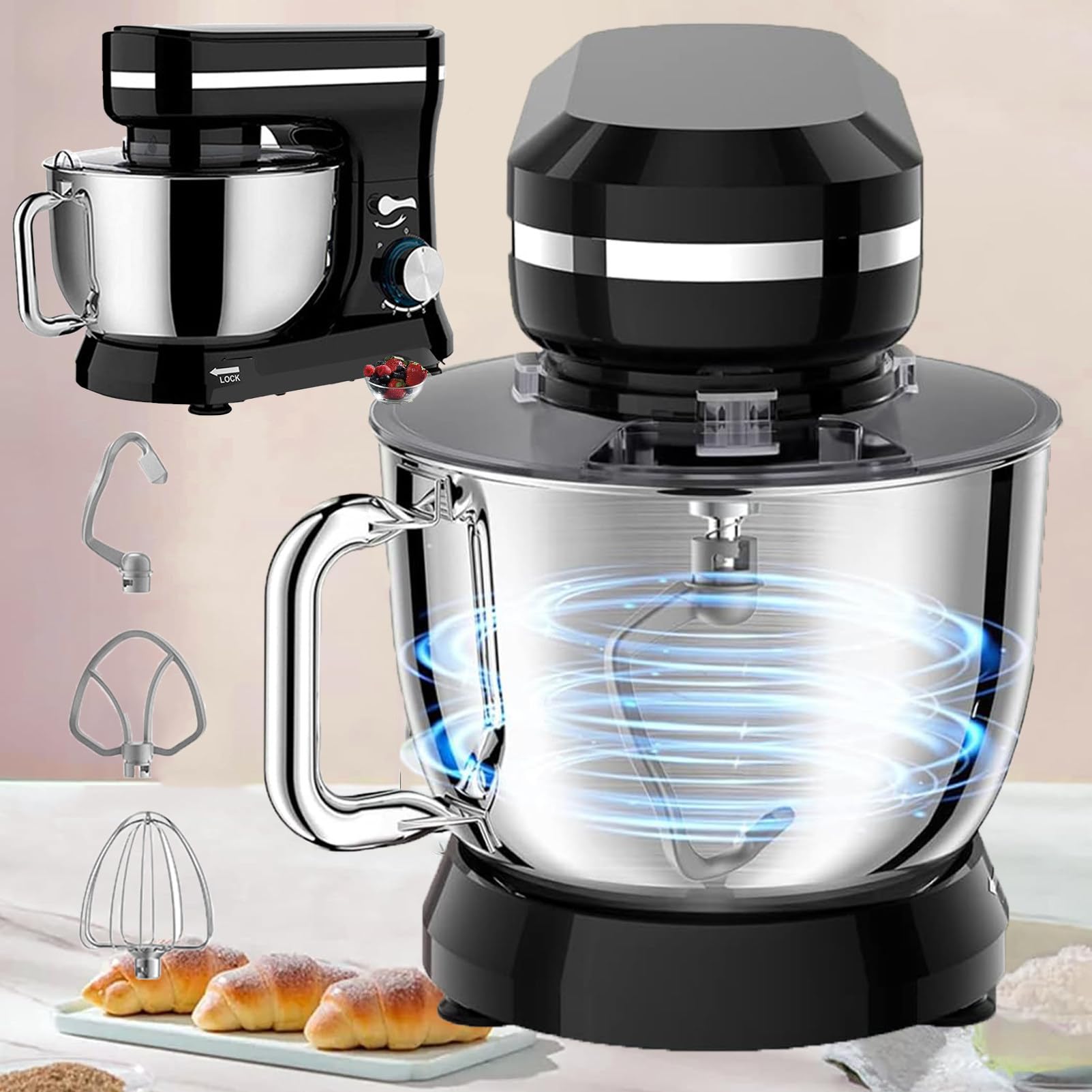 Elektryczny Mikser StojąCy, 5 Qt MałY Mikser Do żYwnośCi, 8 PręDkośCi PrzenośNy Mikser Kuchenny Z Trzepaczką Do Jajek, Hakiem Do Ciasta, PłAskim MieszadłEm, OsłOną Przeciwbryzgową,Black