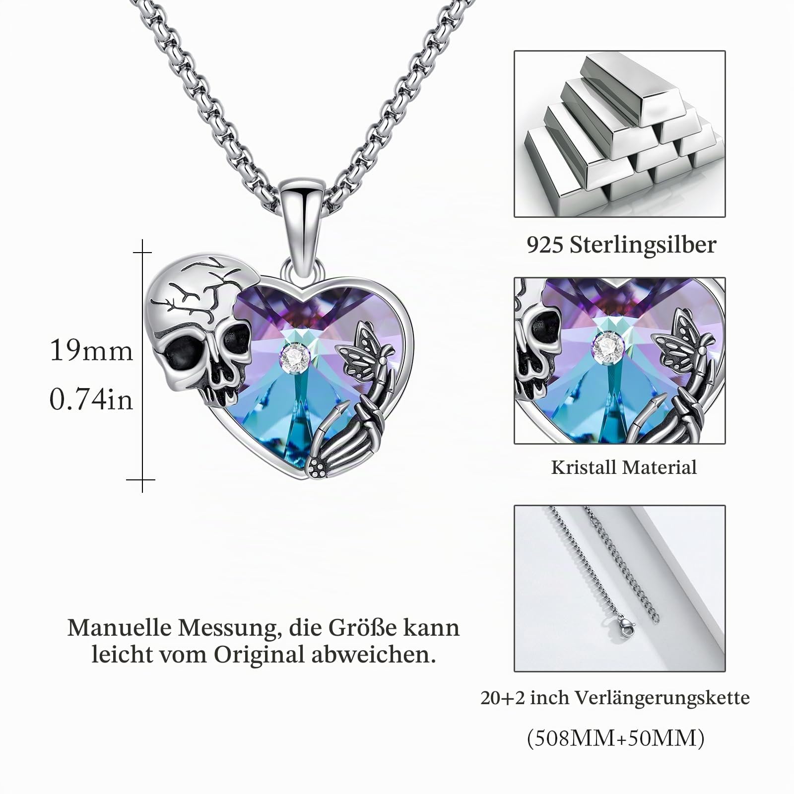 Gothic Anhänger Halskette Sterling Silber Kristall Totenkopf/Voodoo Puppe/Schlange Pentagramm/Rib/Memento Mori Anhänger Goth Schmuck Geschenke für Unisex, mit Edelstahlkette