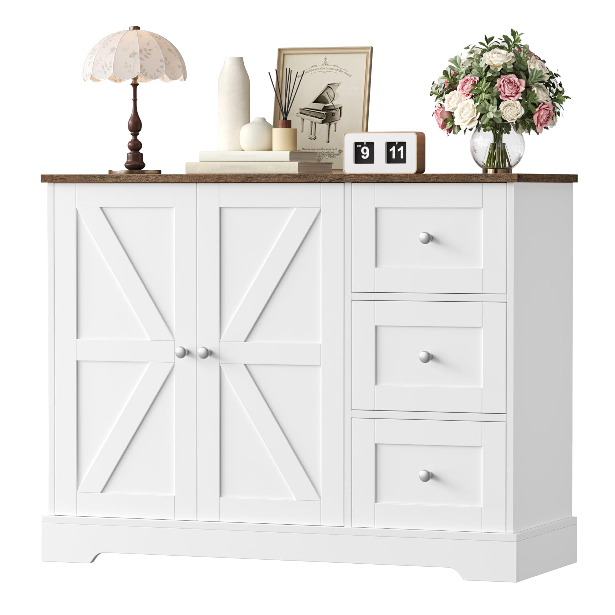 HOCSOK Credenza Cucina, Mobiletto con 3 cassetti e Ripiani, Multiuso Mobile Cucina Salvaspazio, Armadio di Stoccaggio Legno per Cucina, Soggiorno, Sala da Pranzo, Bianco e Marrone, 40x105x81cm | Armadio buffet con piani di lavoro per cucina, sala da pranz