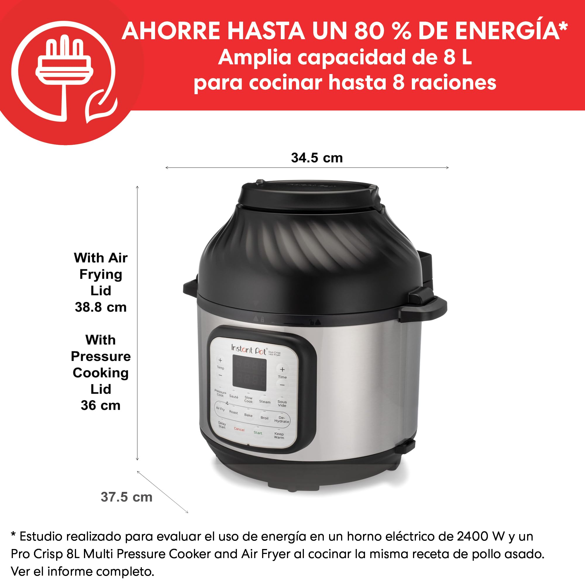 Instant Pot DUO CRISP + Air Fryer 8L, Acero inoxidable - Robot de cocina (11 funciones en 1: olla a presión, sartén, vapor, olla lenta) (140-0042-01-EU)