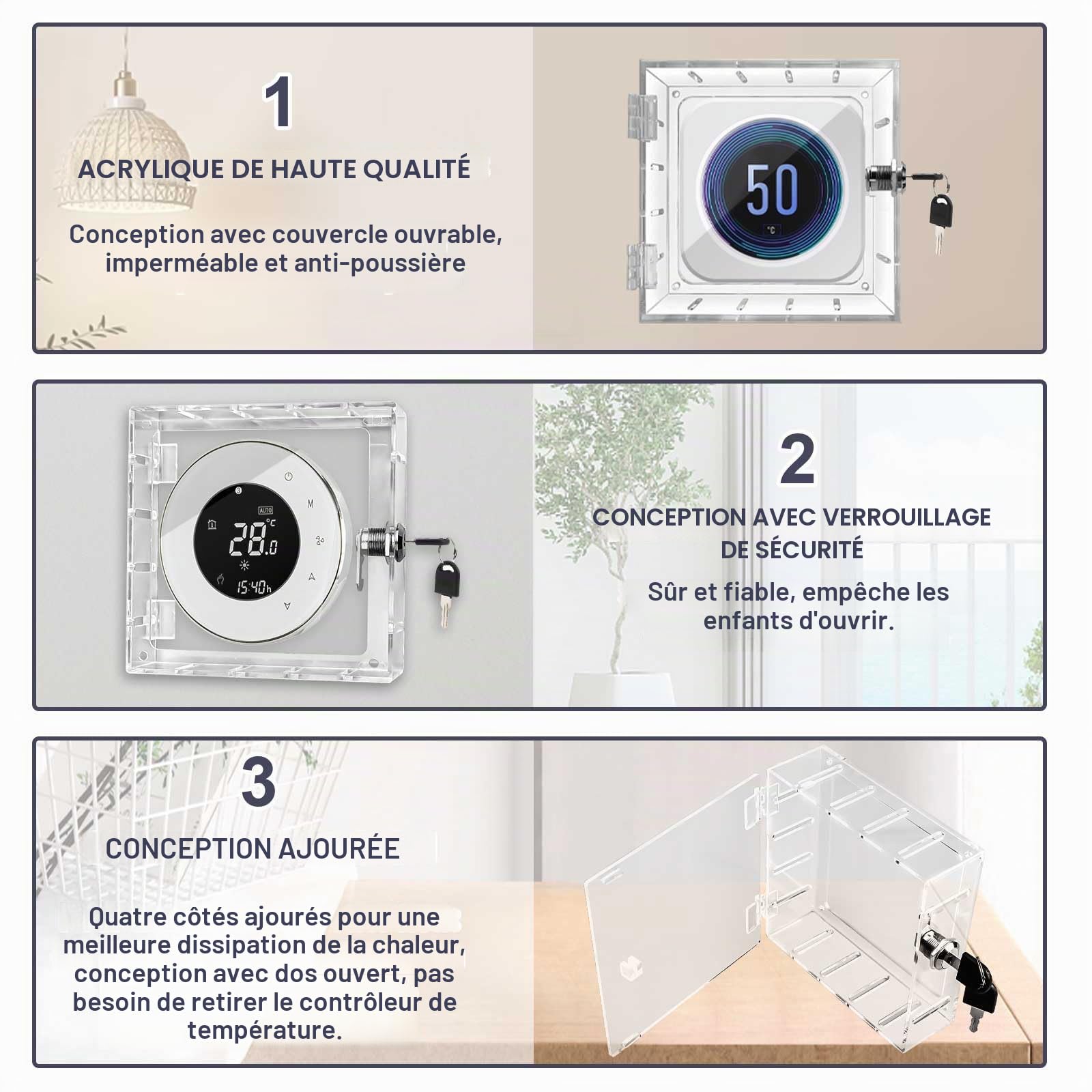 mumisuto Boite De Verrouillage Thermostat avec Clé, Protection de Thermostat Transparente, Couvercle De Thermostat avec Serrure pour Panneau AC, Écoles, Restaurants