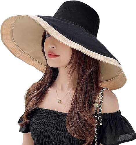 Sombrero de sol de ala súper ancha para mujer, de algodón, plegable, reversible, con borde con cable, protección UV, verano, playa, viajes, jardín