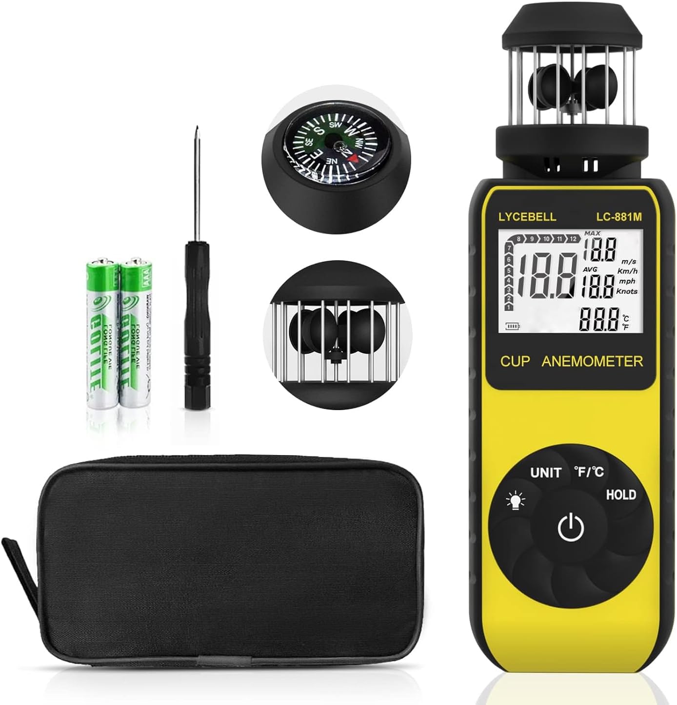 Anemometer Handheld LC-881M, Portable Wind Speed Meter, Air Flow/Wind Speed/Temperature Measure Device with Compass, 360° Direction Wind Cup Anemometer for HVAC Vents, Sailing, Golf, Hiking