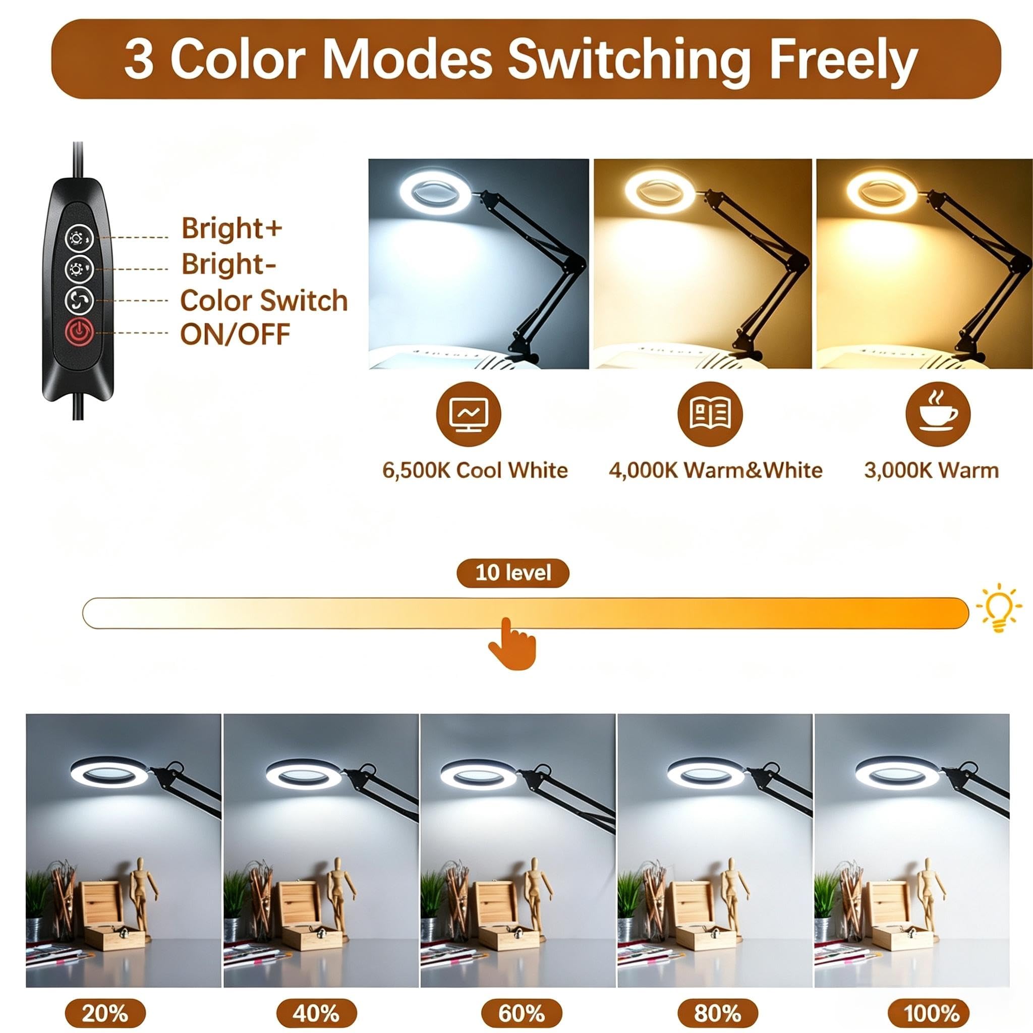 Lupa de 10 aumentos con luz y abrazadera, lupa con luz manos libres, 3 modos de color regulables, 72 LED de lente de cristal real para trabajo cercano, reparación, lectura, manualidades