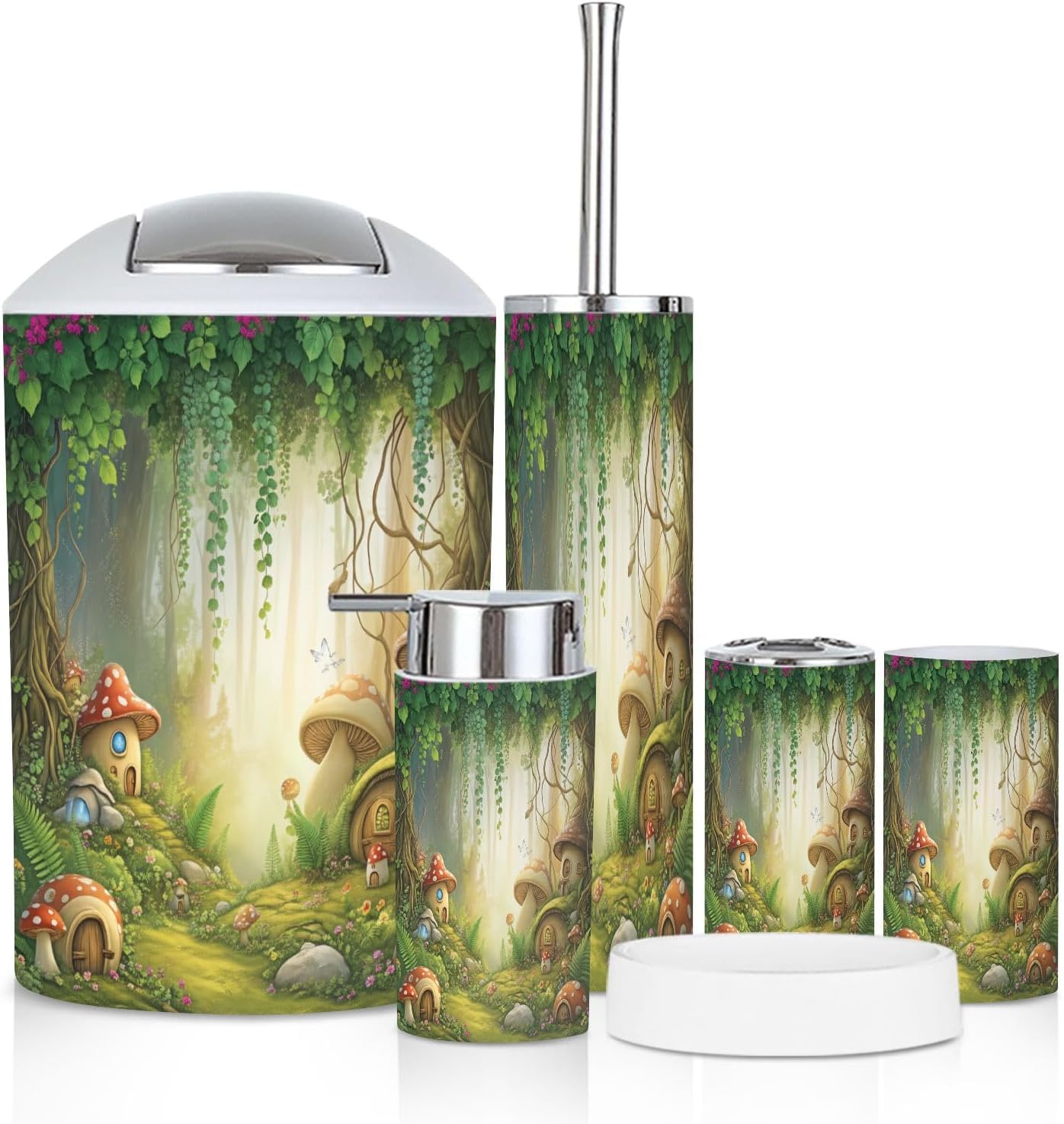 Bathroom Accessory Set 6 Piece Whimsical Magical Forest Mushroom Houses Greenery Trash can, Toothbrush Holder, Soap Dispenser, Soap Dish, Toothbrush Cup, Toilet Brush Holder