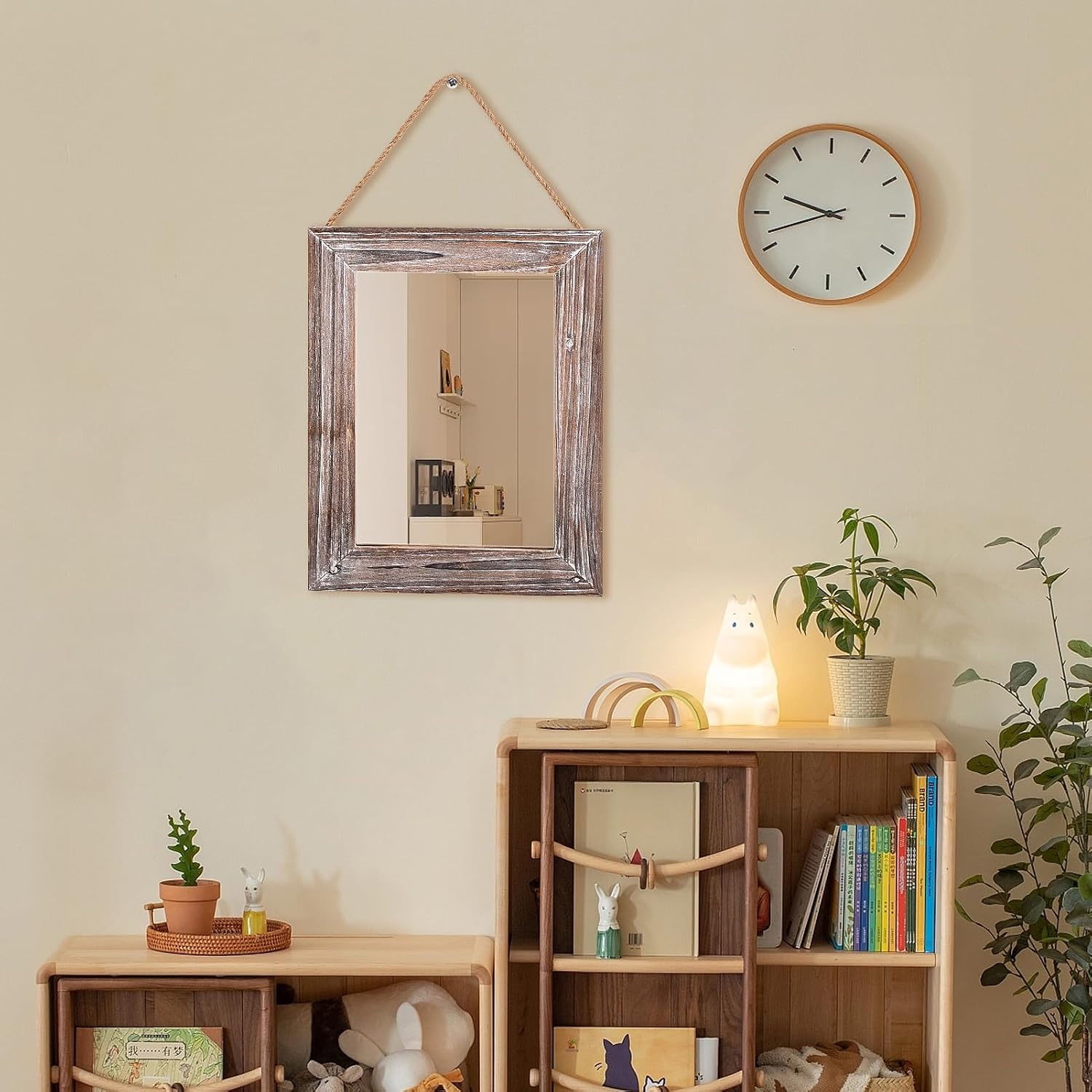 BONNY DODO Wood Mirror 16 X 12 in Farmhouse Solid Rectangle Wall Rustic Wooden Frames Mirrors with Hemp Rope Hanging Decoration for Bedroom, Entryway, Dresser (Vintage Style)