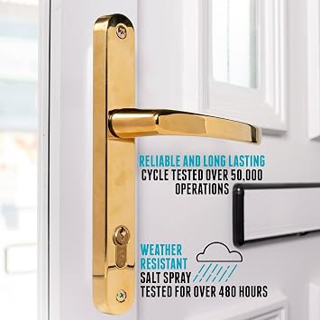UPVC Door Handles Set - Polished Brass - Lever/Lever - 92mm PZ (Centres) - 215mm Screw to Screw - Backplate 245mm X 32mm - UPVC Door Handle - Brass Replacement UPVC Door Handles - PVC Door Handle