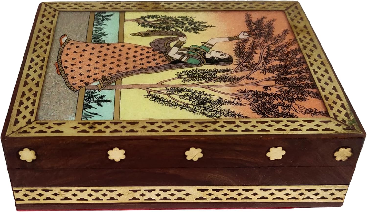 Purpledip Wooden Gemstone Painting Box Folk Lady Ragini: Collectible Souvenir Gift, 4 * 5 Inch (12522E)