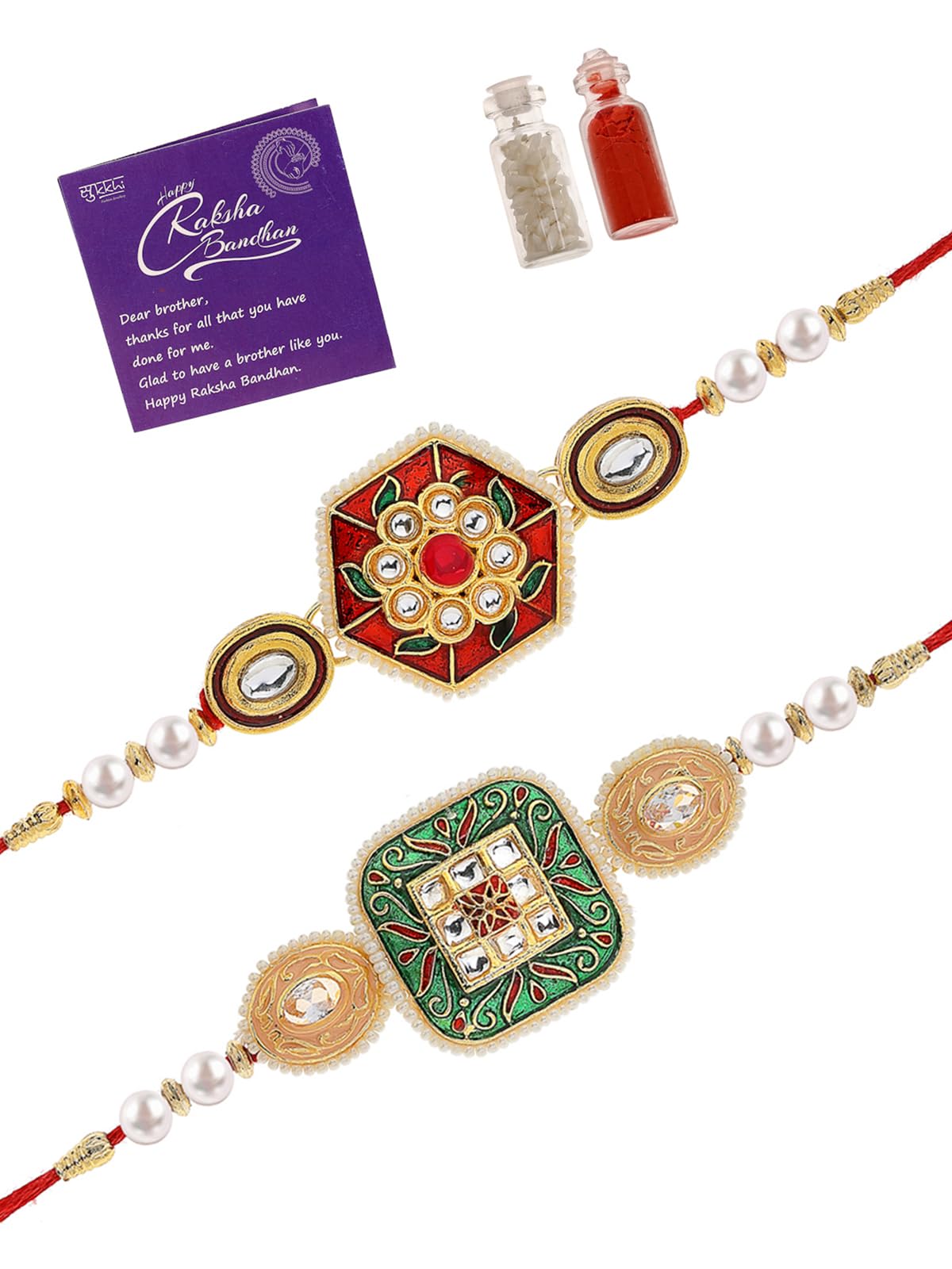 Sukkhi Rakhi Fashion-Forward Kundan & Pearl Designer Meenakari Gold Plated Premium Rakhi for Brother With Roli Chawal & Greeting Card|Rakhi for Brother/Bhaiya/Bhai/Men|Rakhi Combo-Set of 2|CBRAK106966 (B0D6BX1JMK) Amazon Price History, Amazon Price Tracker