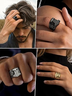 FaithHeart Norse Viking Jewelry Mens الفايكنج الفولاذ المقاوم للصدأ مطرقة ثور / خاتم رأس الذئب Valknut Warrior's Gothic Jewelry-Personaled Engrave