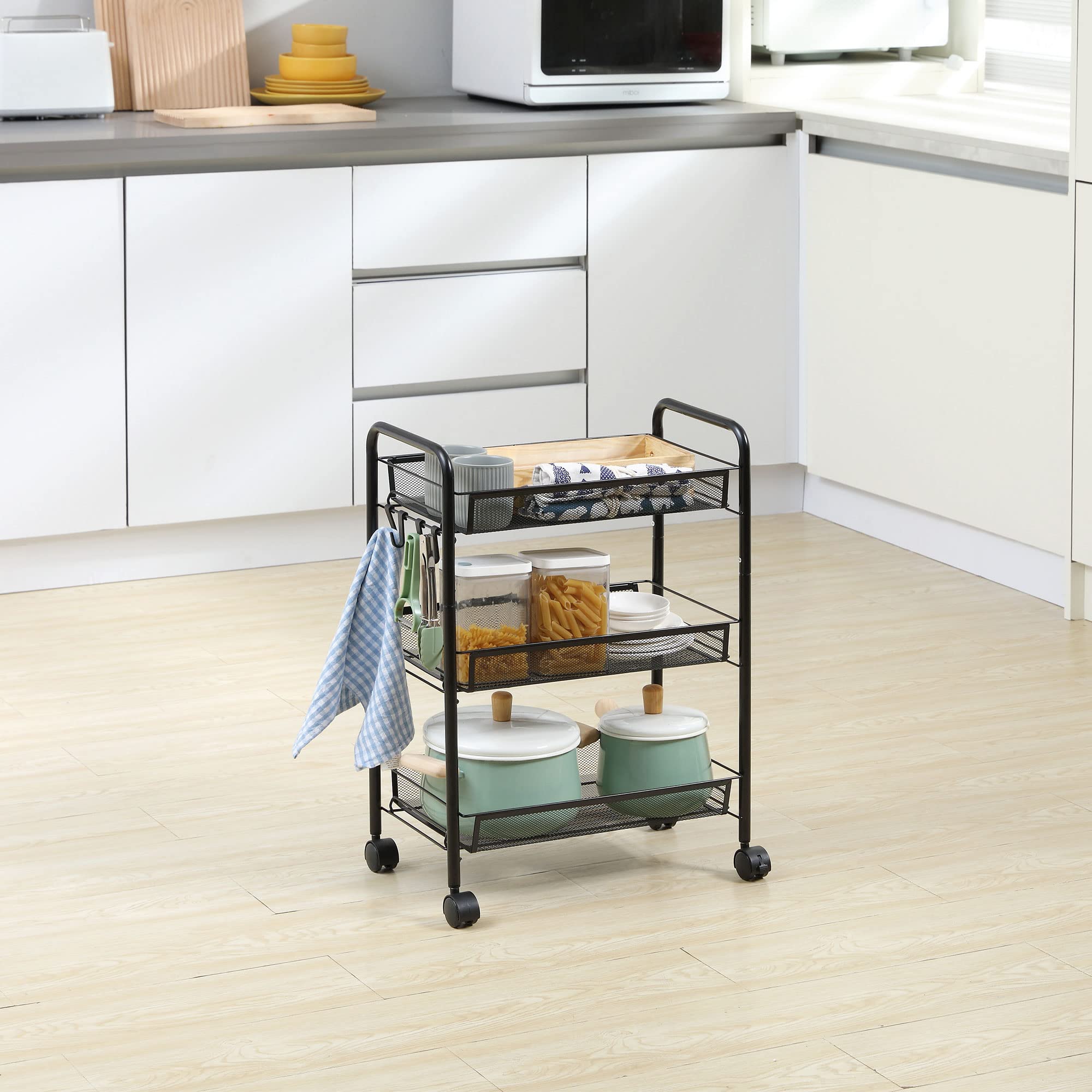 HOMCOM Carrello da Cucina a 3 Livelli con Cesti Removibili e 4 Ruote, in Acciaio e Plastica PP, 45Lx26.5x63cm, Nero