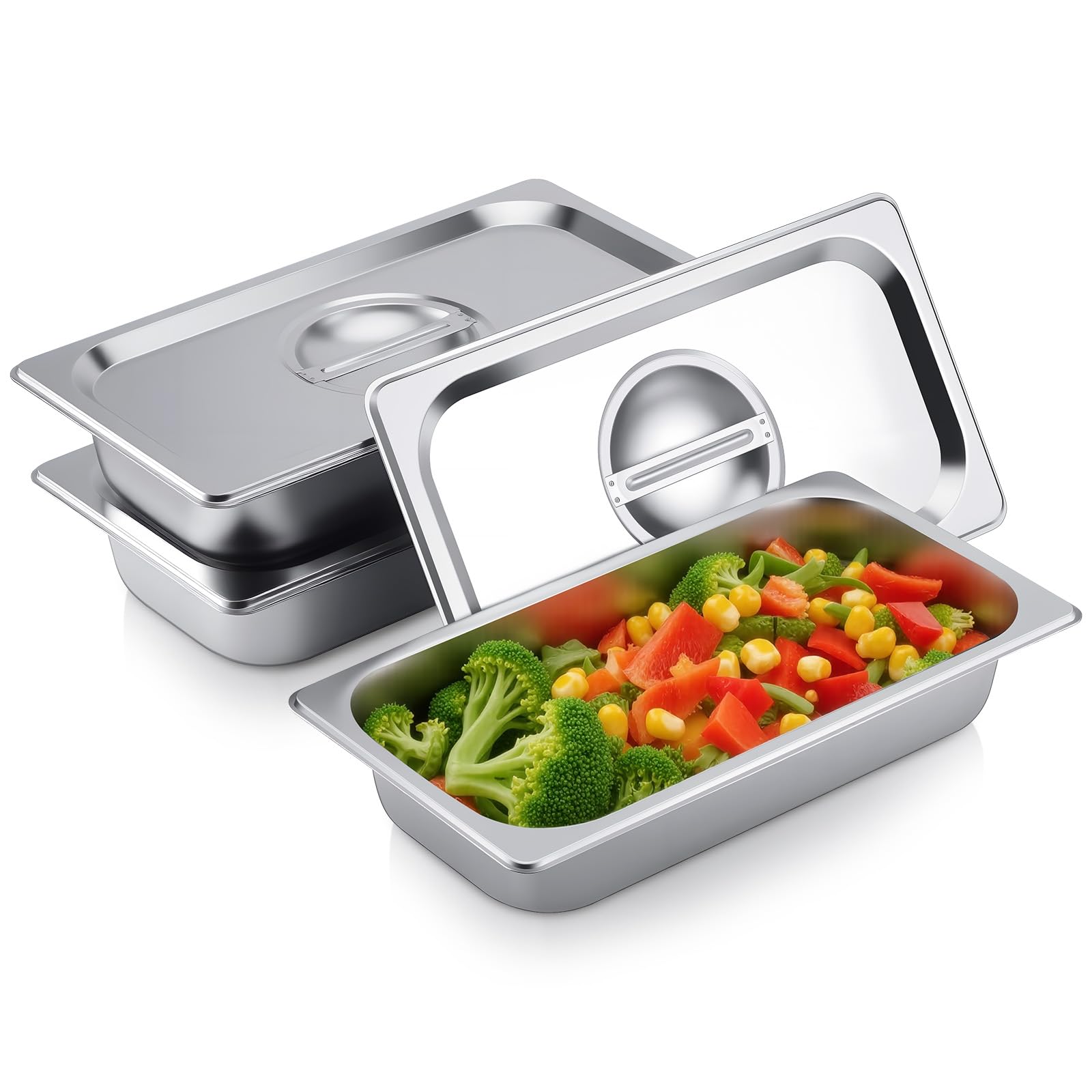 GN Lot de 3 bols empilables avec couvercle 1/3 - 32,5 x 17,5 x 6,5 cm En acier inoxydable durable Épaisseur : 8 mm Résistants à la rouille Pour panures, marinades