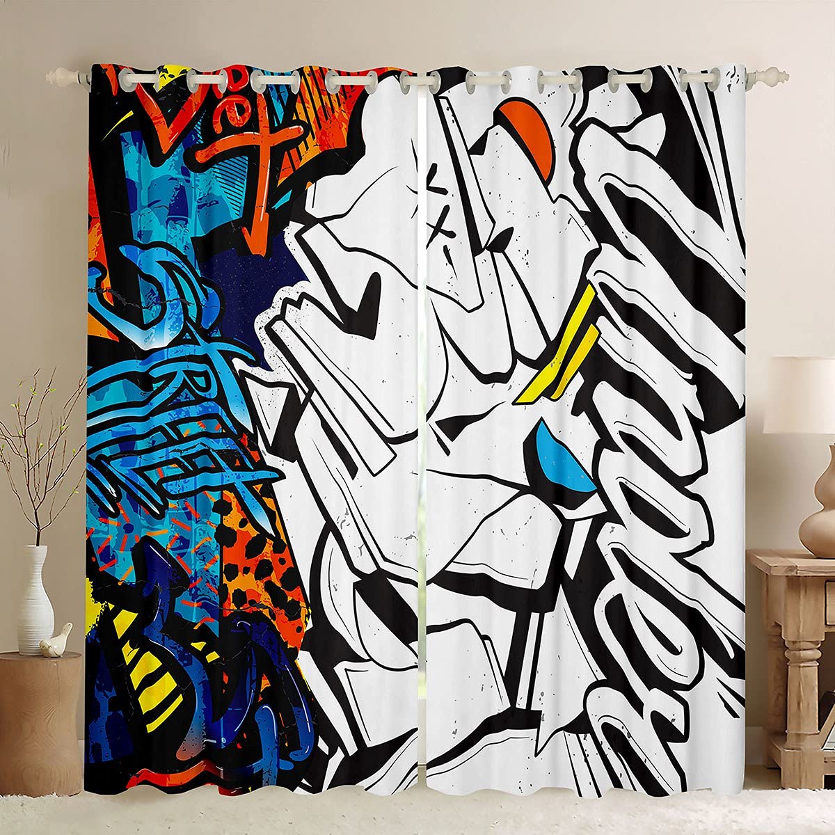 Kolorowe zasłony graffiti w stylu hip-hopowym dla chłopców dziewcząt nastolatków, sztuka uliczna zasłony do okien dekoracja domu, zabawna ilustracja zaciemniające zasłony do salonu sypialni, 46 szer. x 54 l