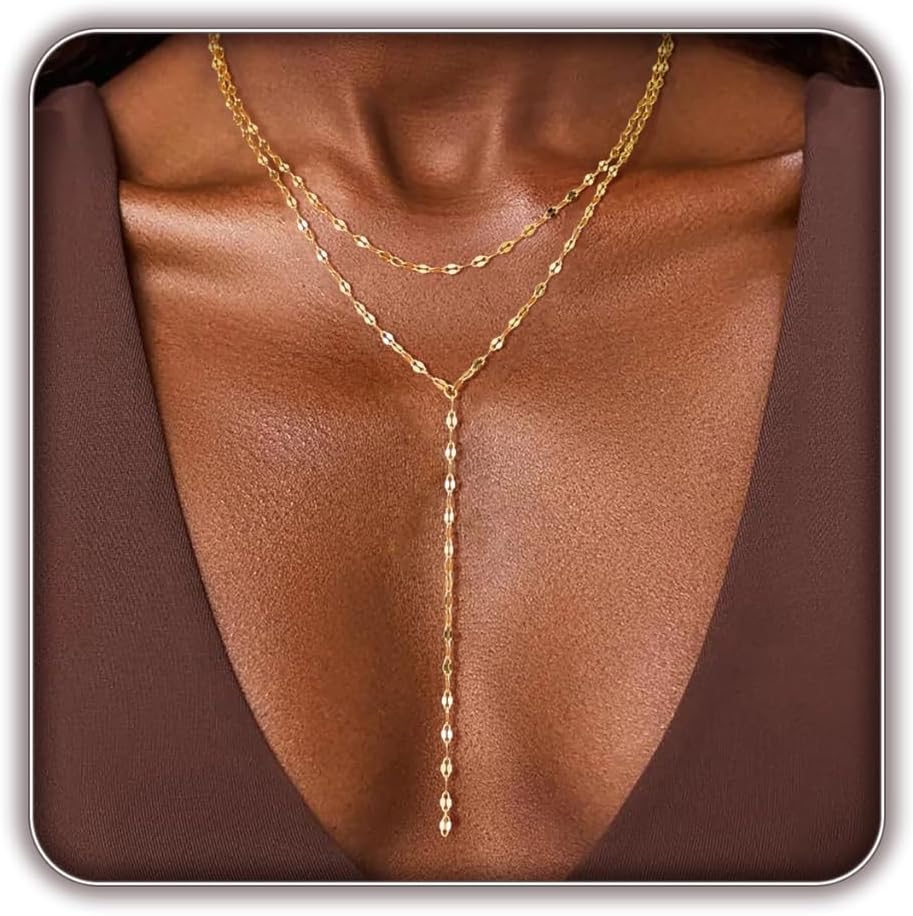 Lariat Necklace for Women, Dainty 14K Gold/Silver Plated Long Necklaces for Women Trendy Simple Layered Y-Shaped Pendant Necklace Adjustable Fashion Jewelry Gift