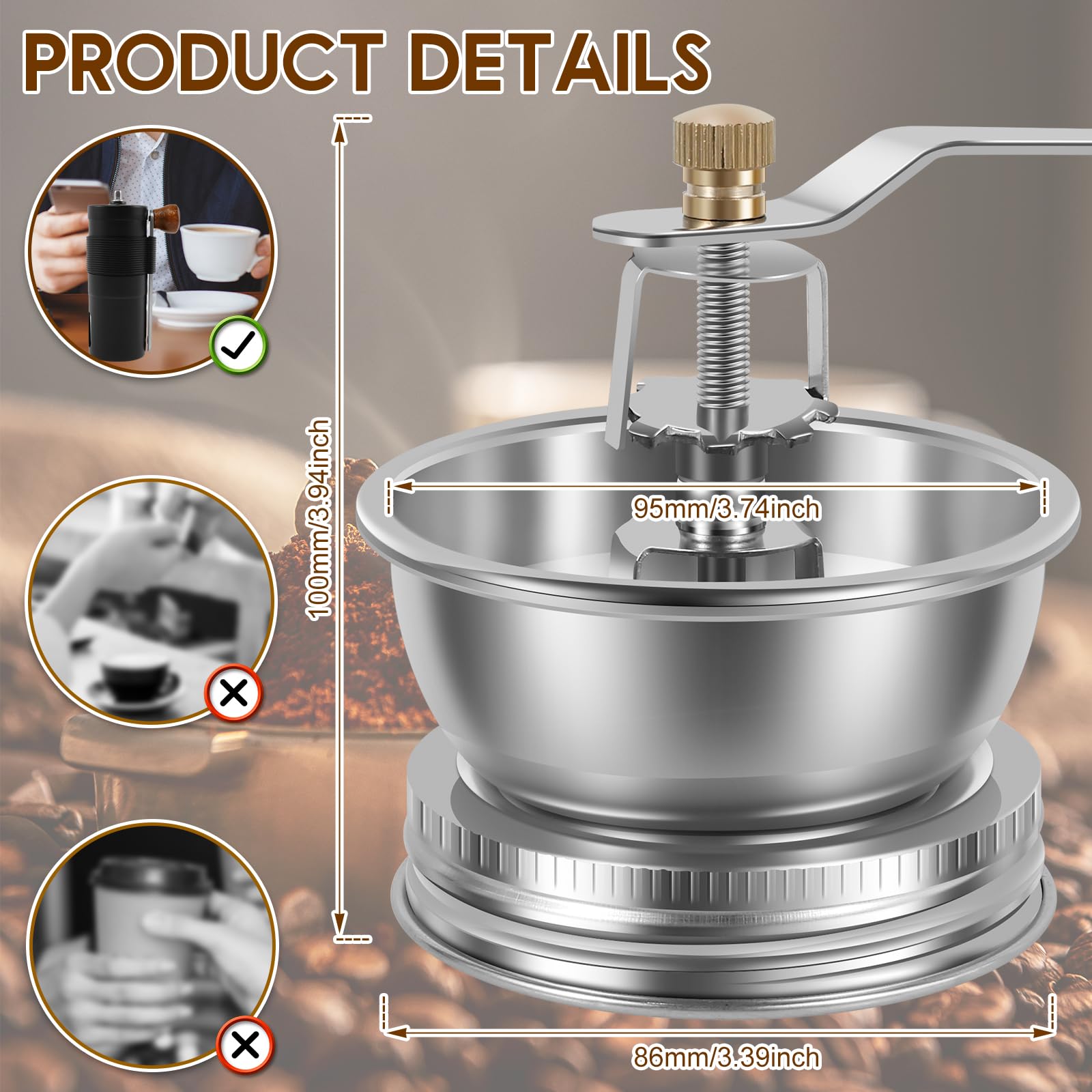 Molinillo de café tipo tarro Mason, accesorio de tapa manual para tarros Mason de boca ancha, tapa de molinillo de café de acero inoxidable, accesorios de tarro Mason ideales para camping y barista en