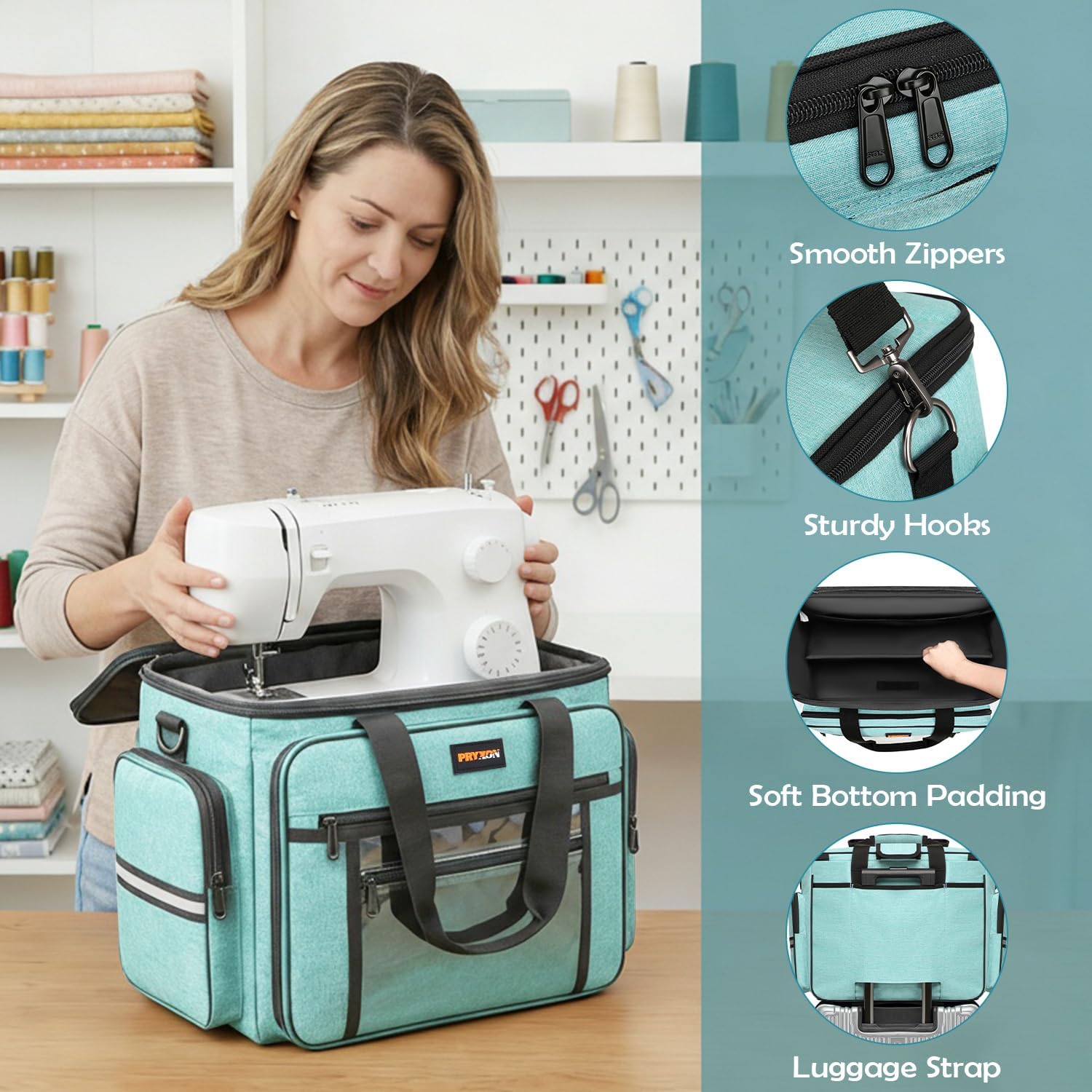 Sewing Machine Case with Wheels - Detachable Rolling Sewing Machine Case Fits Most Standard Sewing Machines And Storage Sewing Accessories, For Singer, Brother, Janome, Teal