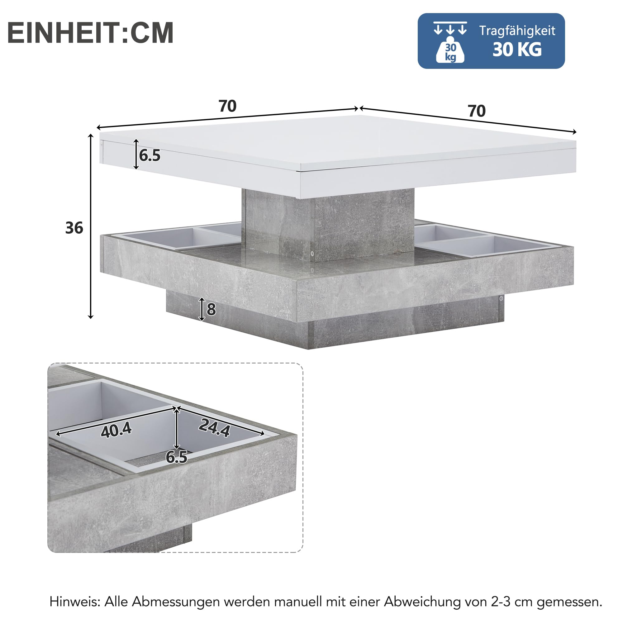 Merax Couchtisch quadratische mit Drehbarer Schreibtisch, Moderner Wohnzimmertisch mit verstecktem Ablagefach, kreativer Sofatisch Kaffeetisch Beistelltisch Mitteltisch für Home Office, Weiß & Marmor