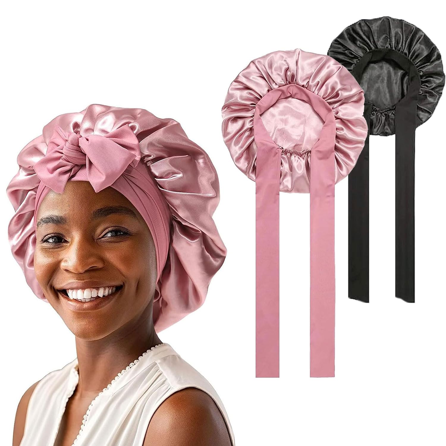 GUGUGO 2 Stück Seidenhaube, Silk Bonnet, Verstellbare Seidenhaube, Satin Haube, Silk Sleeping Cap, (Rosa+Schwarz)