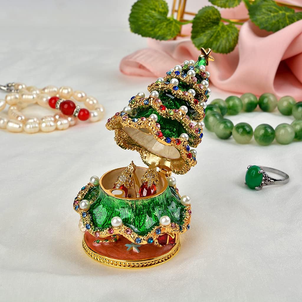 Golden Crystal Enameled Christmas Tree Jewelry Box, Hand-Painted Hinged Holiday Trinket Box, Elegant Home Décor & Unique Gift for Men & Women