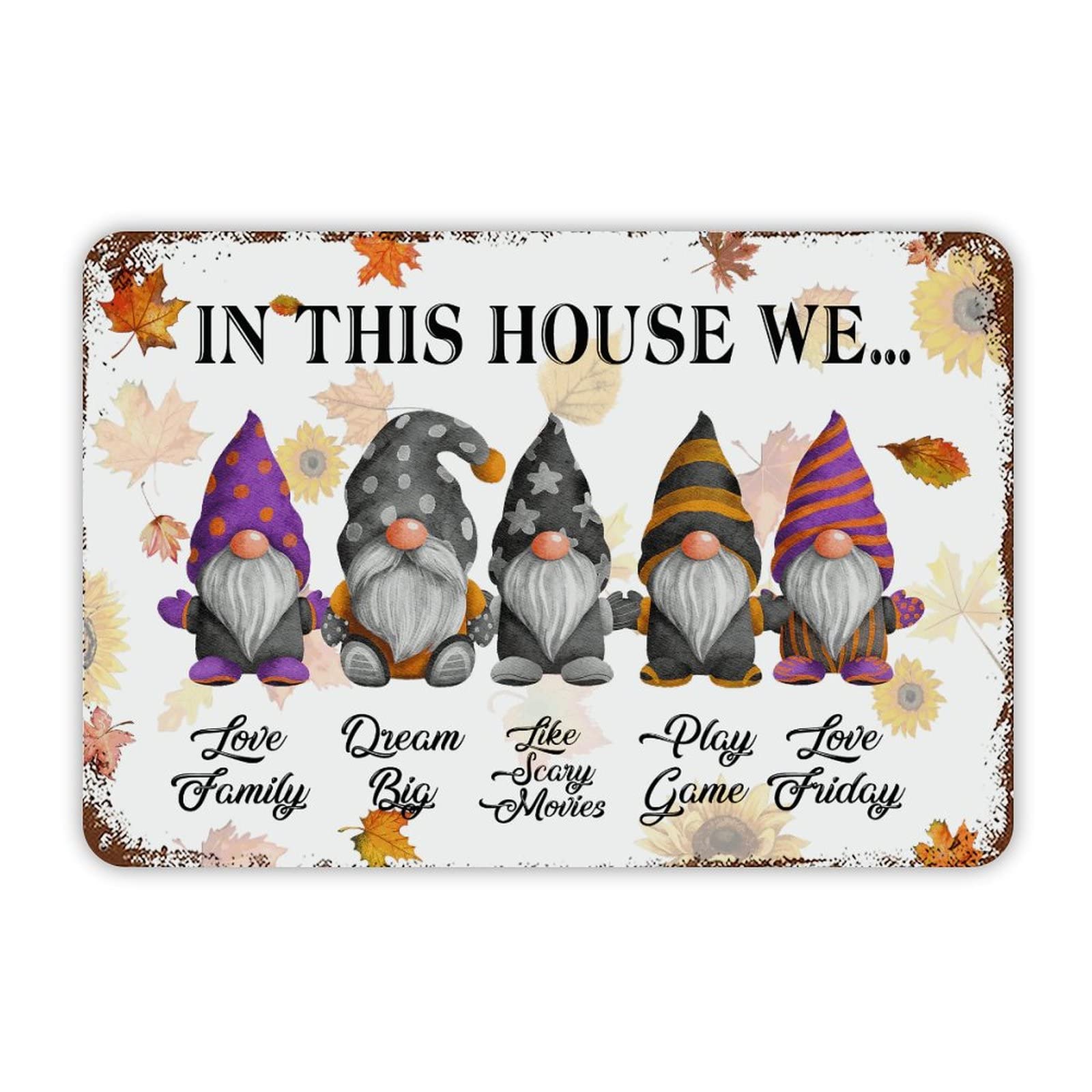 ENEDNATE Farmhouse Man Cave Metal Sign Halloween Gnome in This House We Love Family Retro Aluminum Tin Metal Signs for Indoor & Outdoor Yard Office Kitchen Living Room Door Home Décor 8x12 Inch